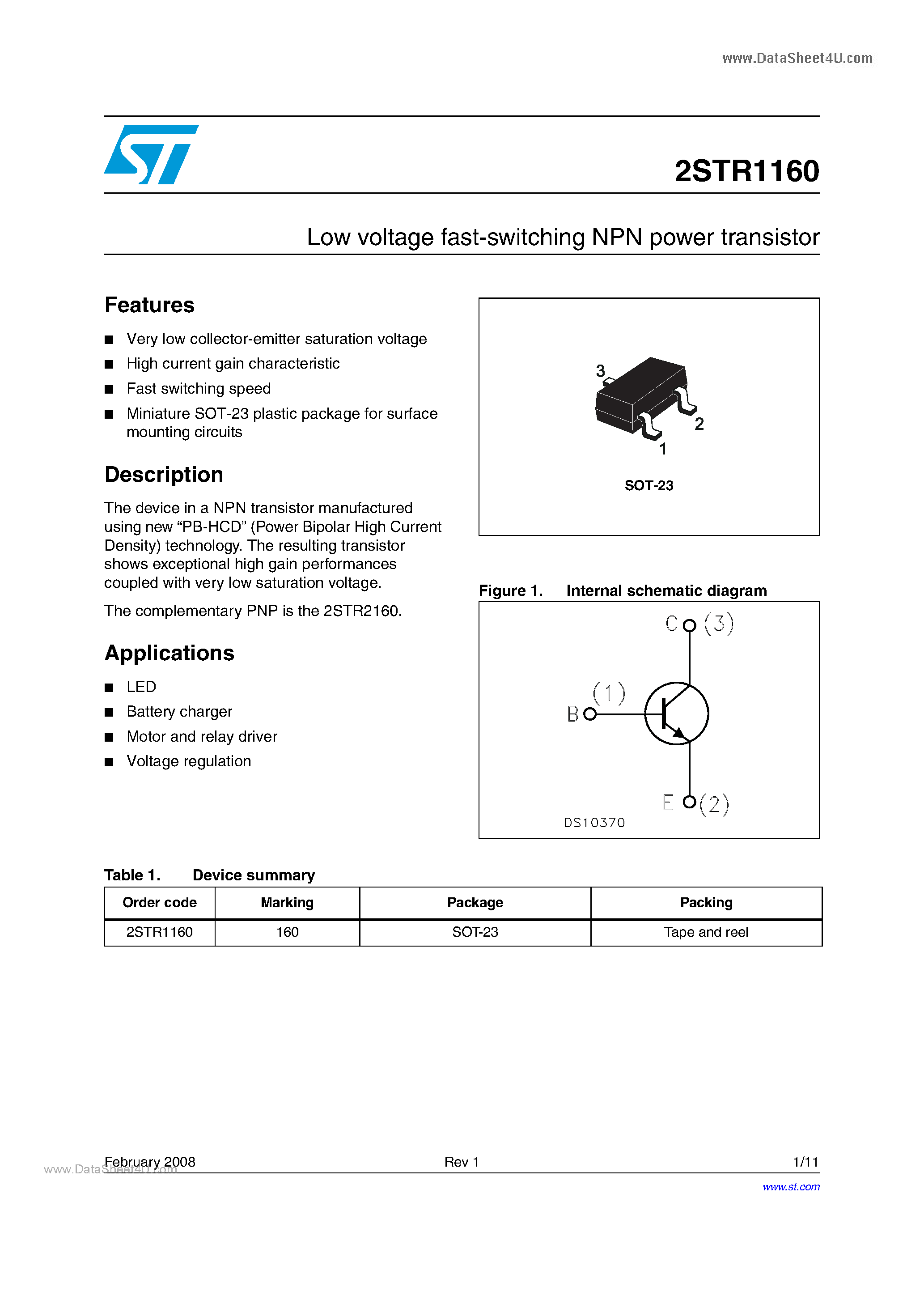 Даташит на микросхему 2STR1160 страница 1 Даташит 2STR1160 - Low voltage fast-switching NPN power transistor страница 1