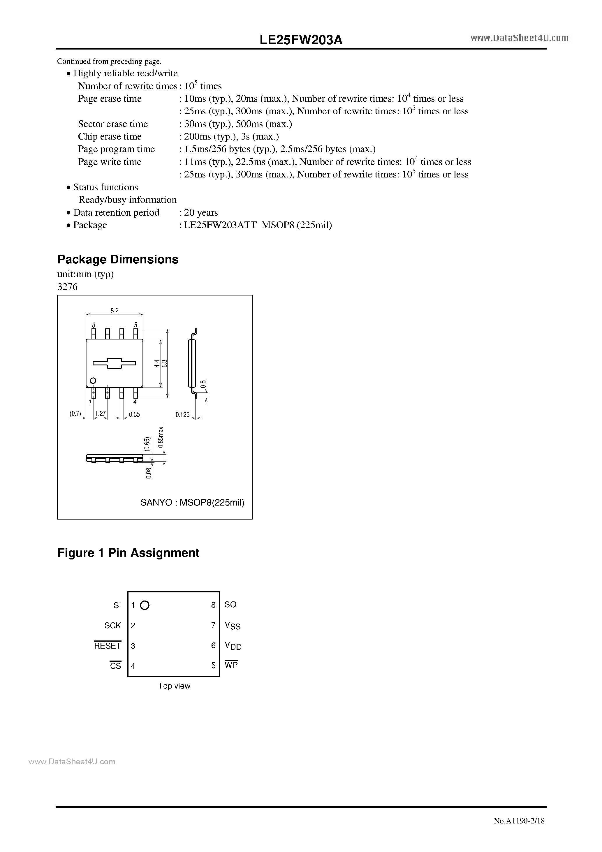 Datasheet LE25FW203A - CMOS IC 2M-bit (256K X 8) Serial Flash Memory 30MHz SPI Bus page 2