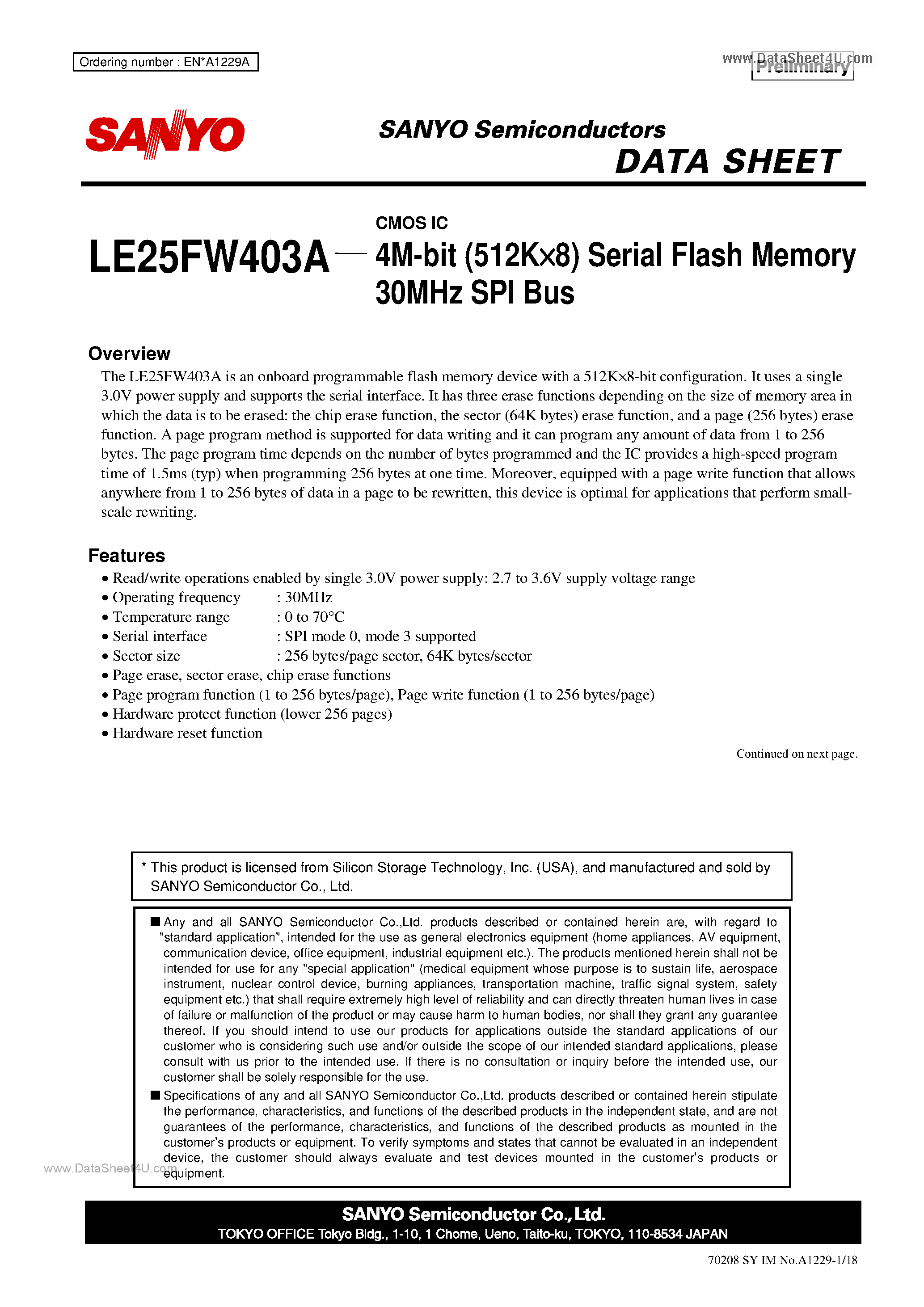 Datasheet LE25FW403A - 4M-bit Serial Flash Memory 30MHz SPI Bus page 1