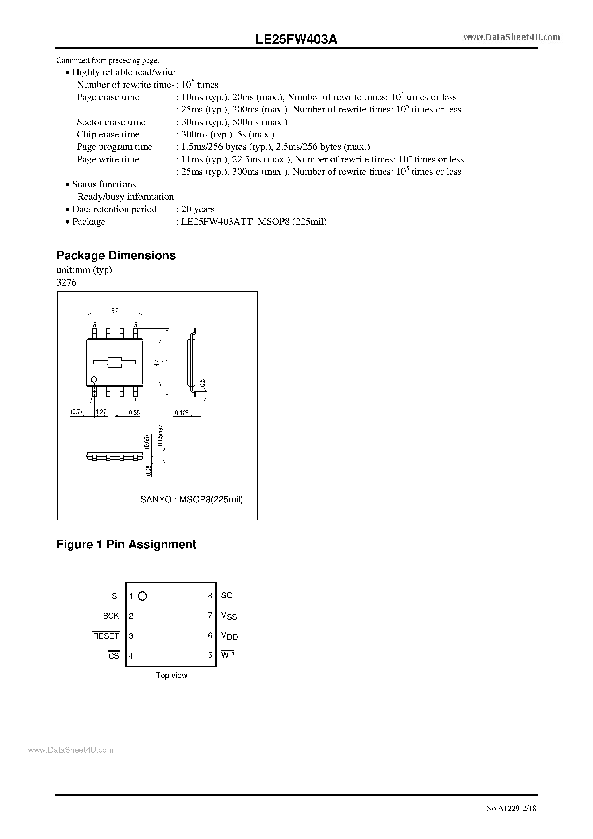 Datasheet LE25FW403A - 4M-bit Serial Flash Memory 30MHz SPI Bus page 2