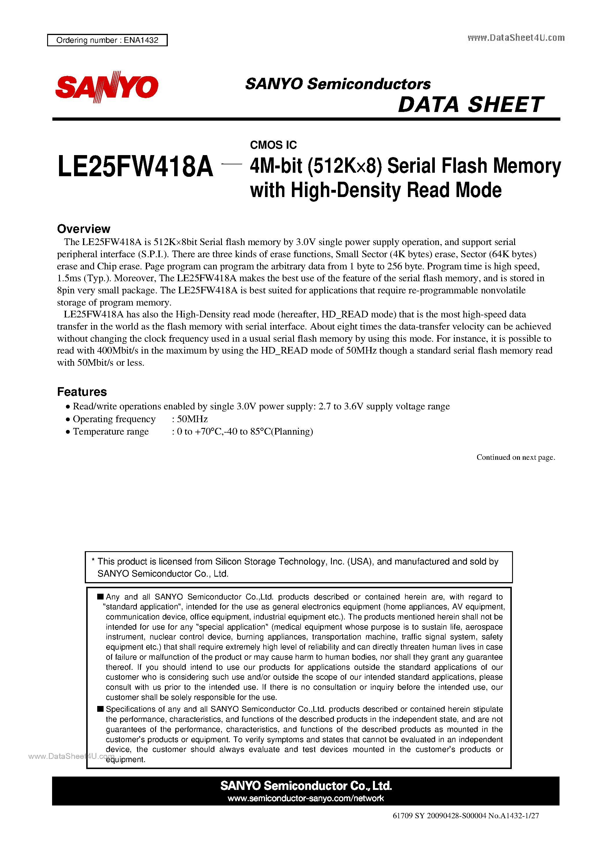 Даташит LE25FW418A - 4M-bit (512K X 8) Serial Flash Memory страница 1