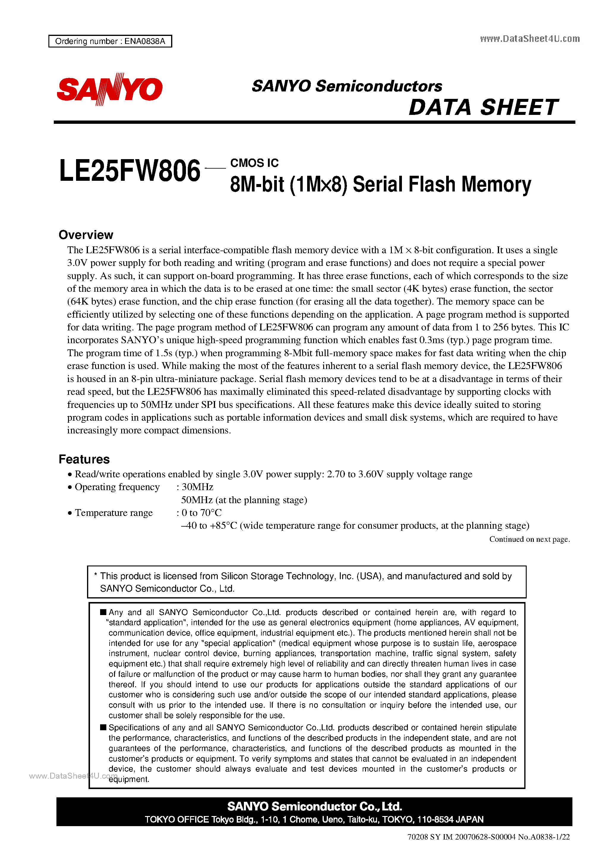 Даташит LE25FW806 - CMOS IC 8M-bit (1M X 8) Serial Flash Memory страница 1