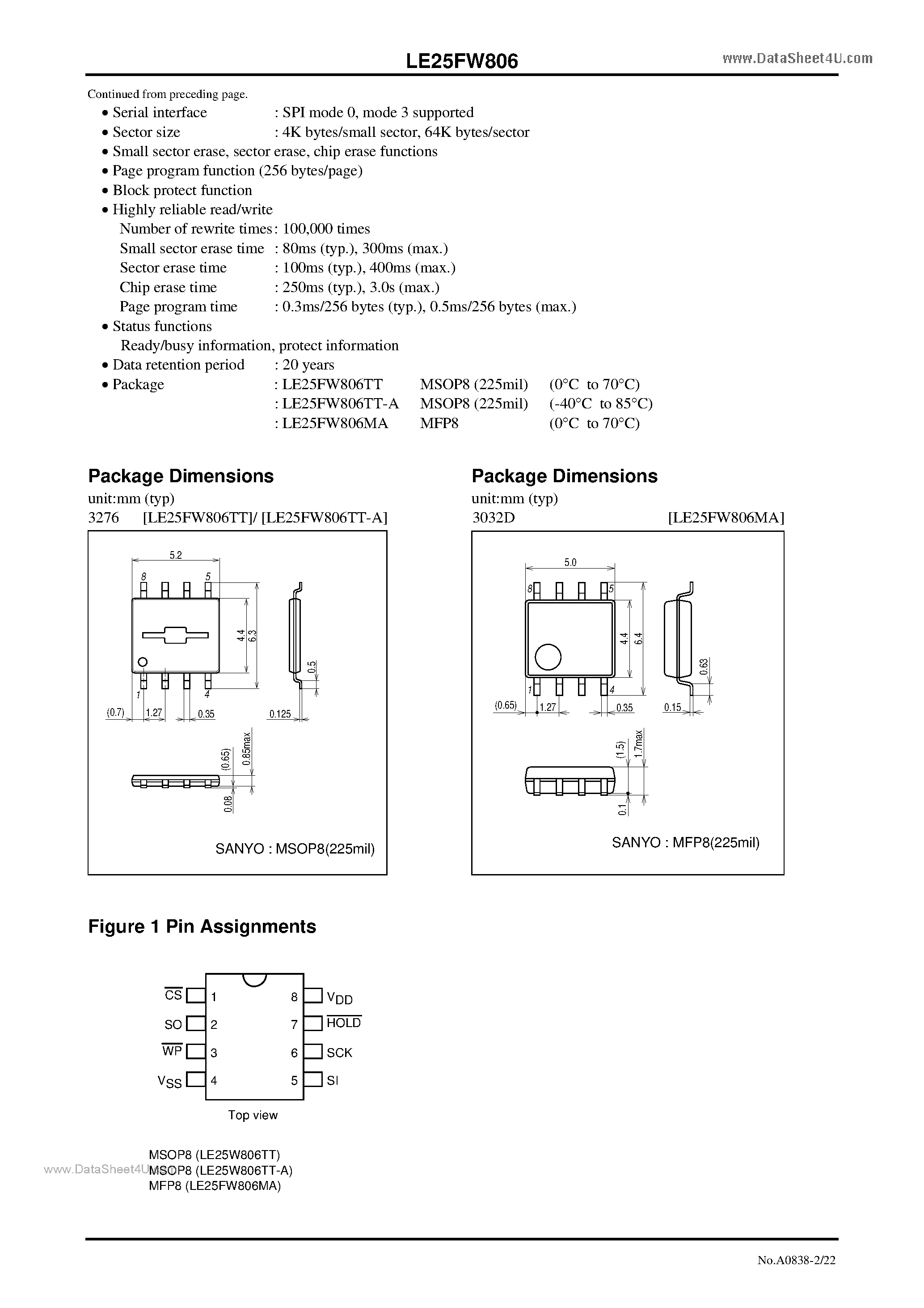 Даташит LE25FW806 - CMOS IC 8M-bit (1M X 8) Serial Flash Memory страница 2