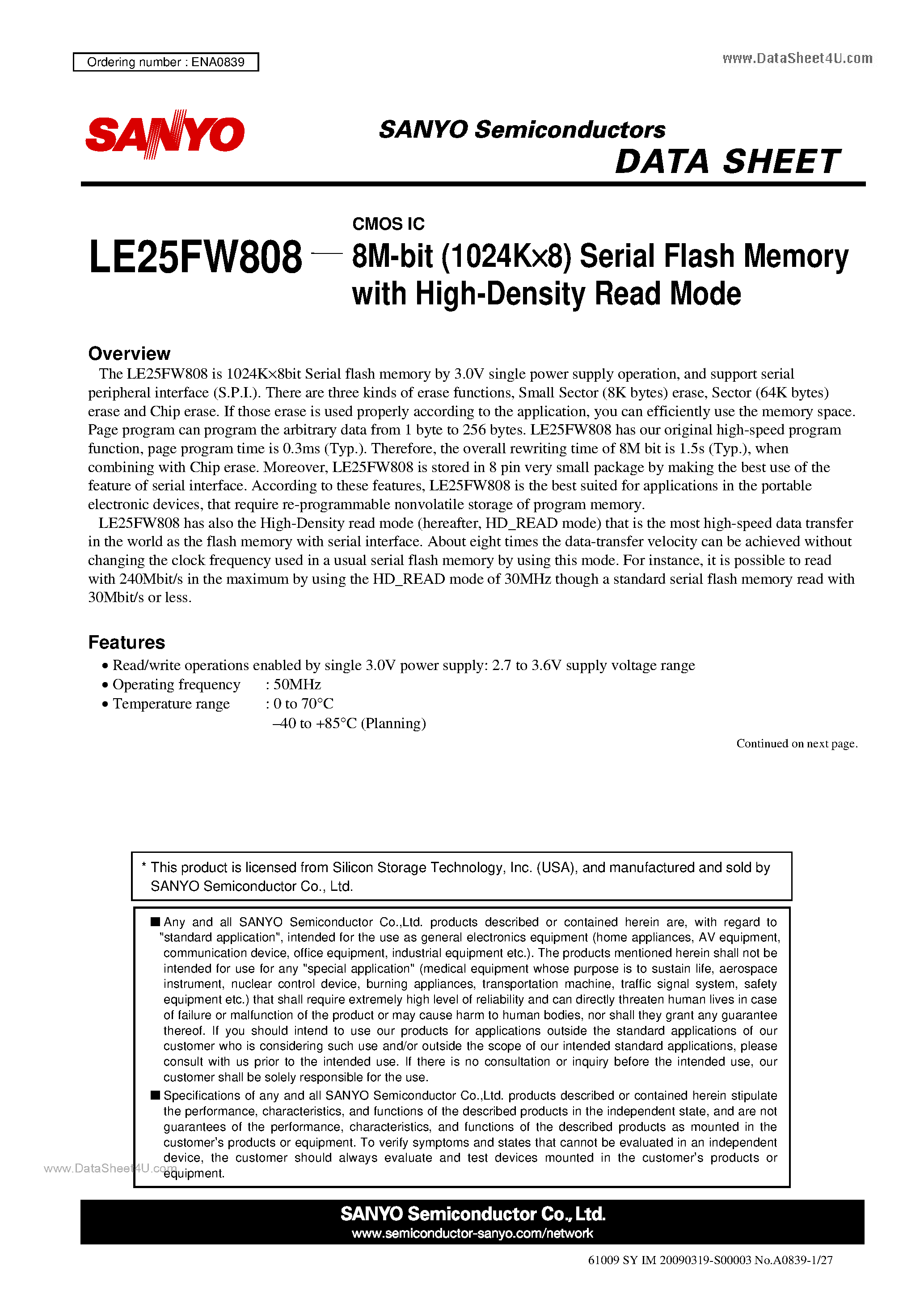 Даташит LE25FW808 - 8M-bit (1024K X 8) Serial Flash Memory страница 1
