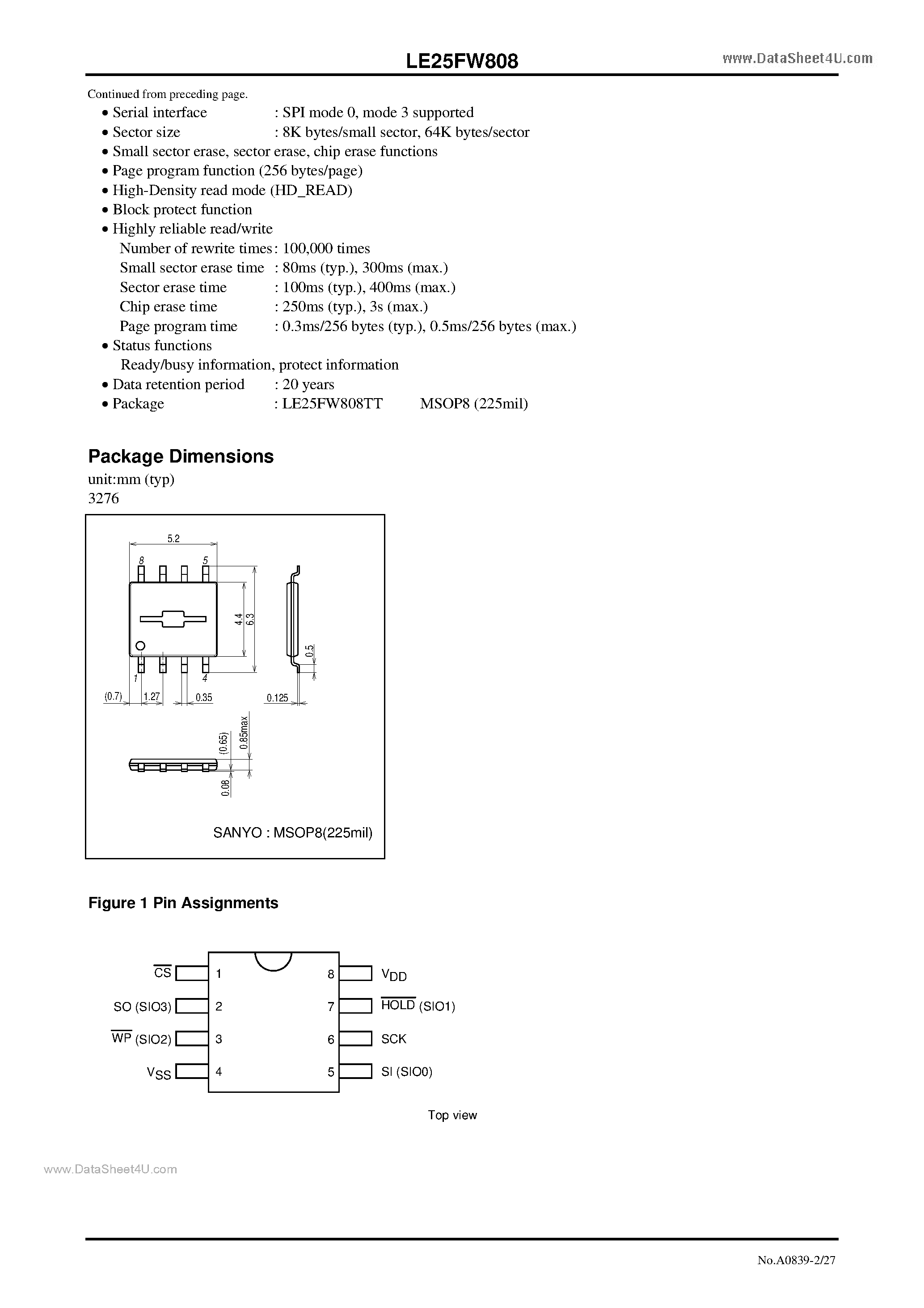 Даташит LE25FW808 - 8M-bit (1024K X 8) Serial Flash Memory страница 2