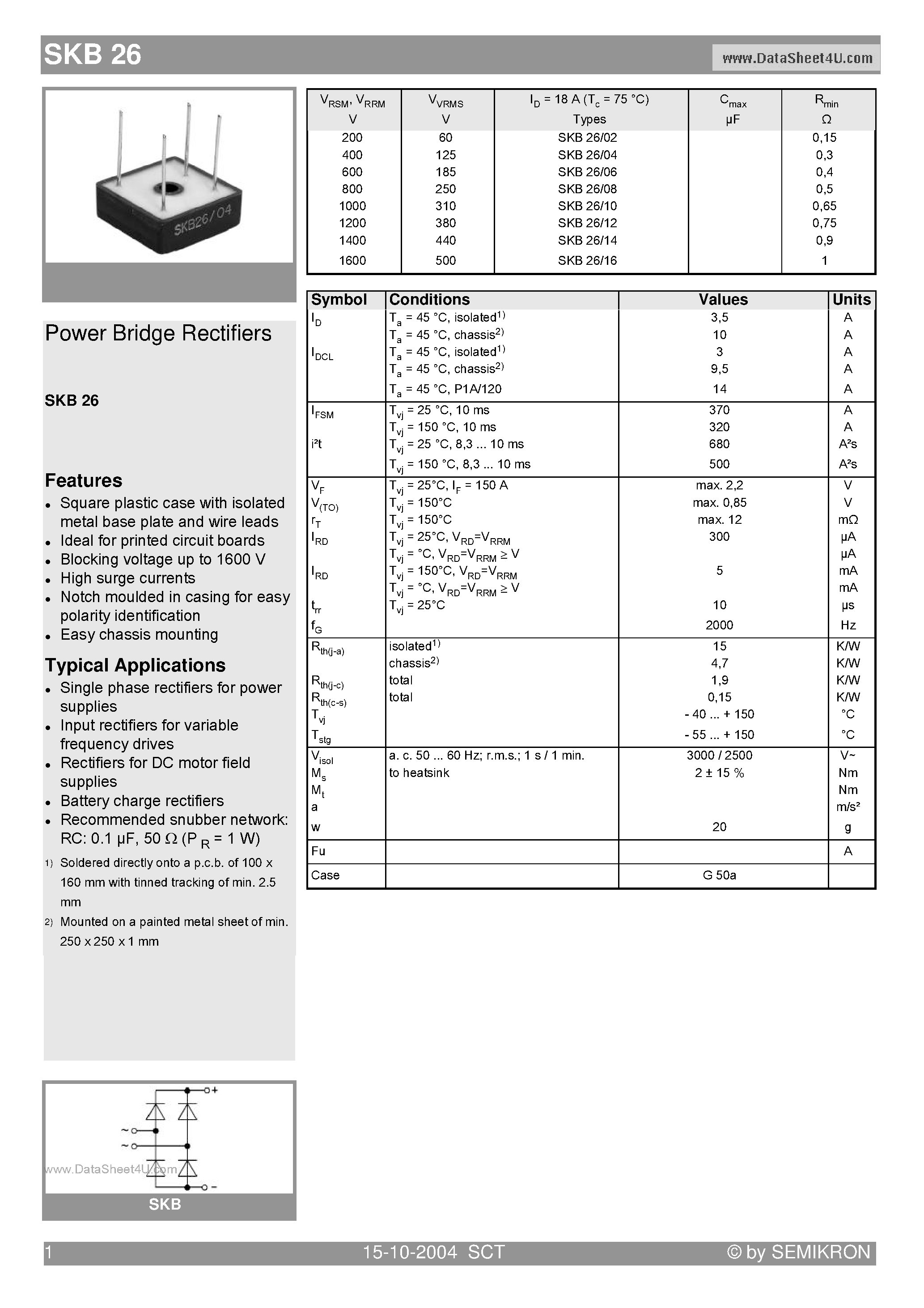 Datasheet SKB26 page 1 Datasheet SKB26 - Power Bridge Rectifiers page 1