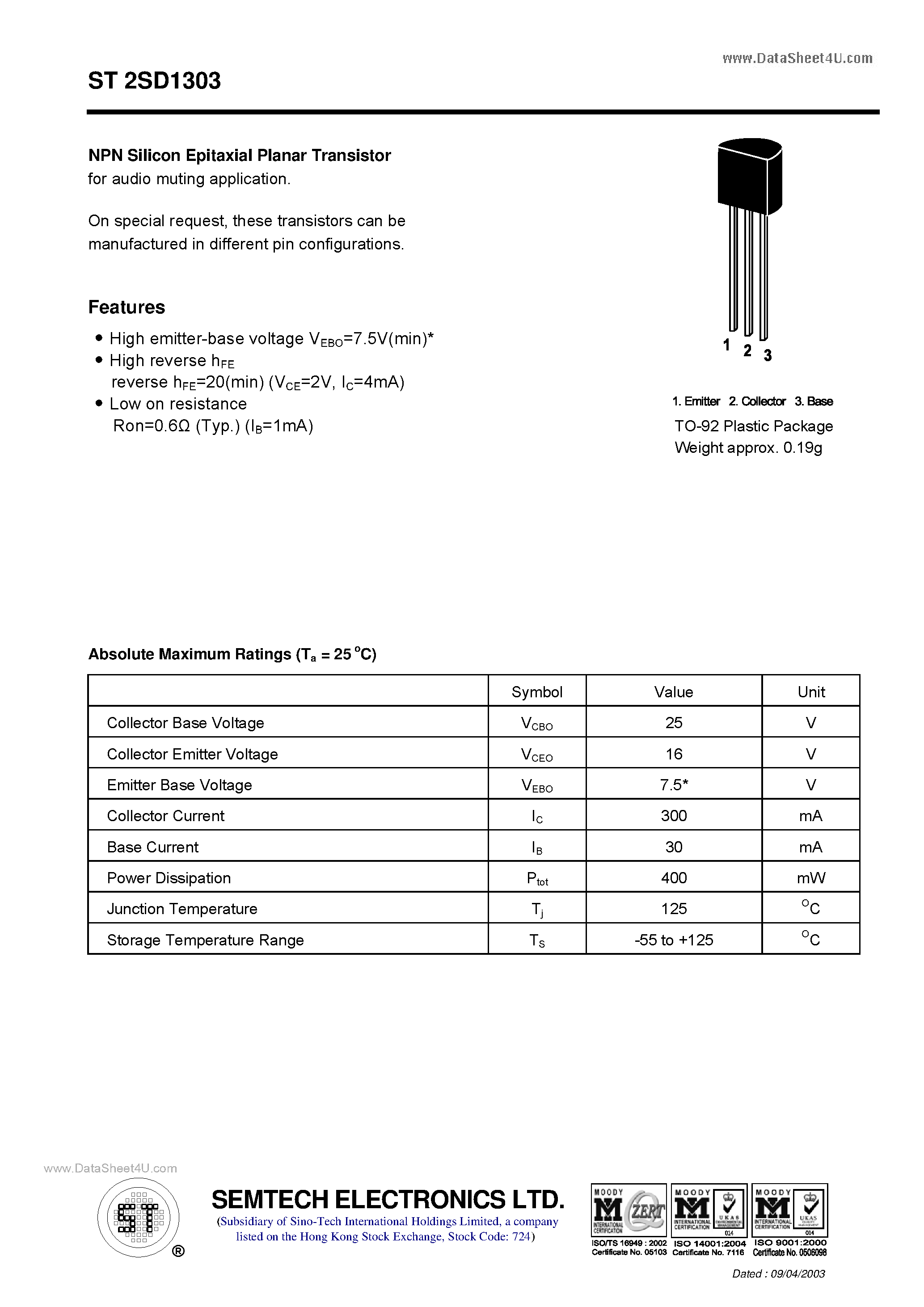 Datasheet ST2SD1303 page 1 Datasheet ST2SD1303 - NPN Silicon Epitaxial Planar Transistor page 1