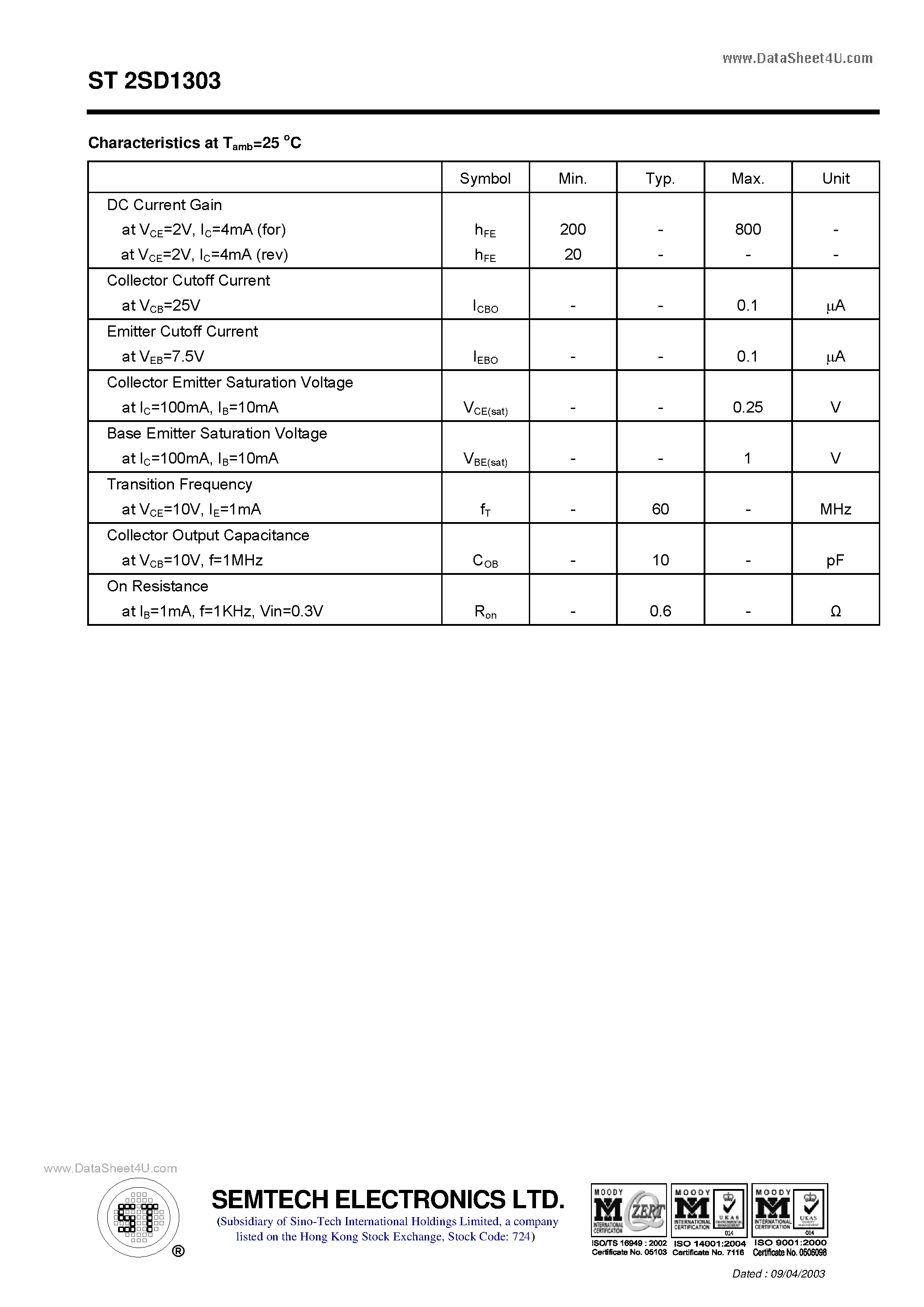 Datasheet ST2SD1303 page 2 Datasheet ST2SD1303 - NPN Silicon Epitaxial Planar Transistor page 2