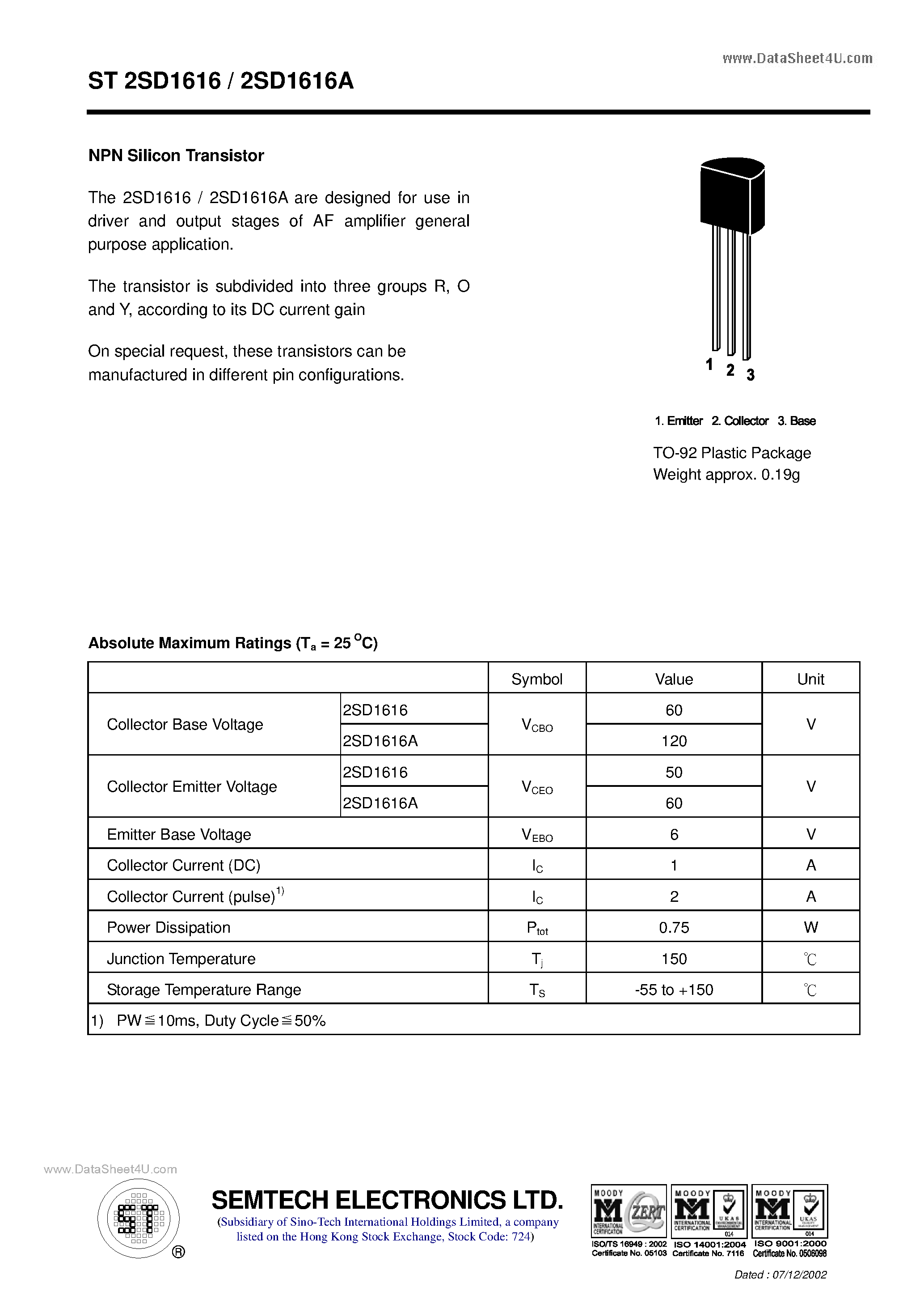Datasheet ST2SD1616 page 1 Datasheet ST2SD1616 - NPN Silicon Transistor page 1