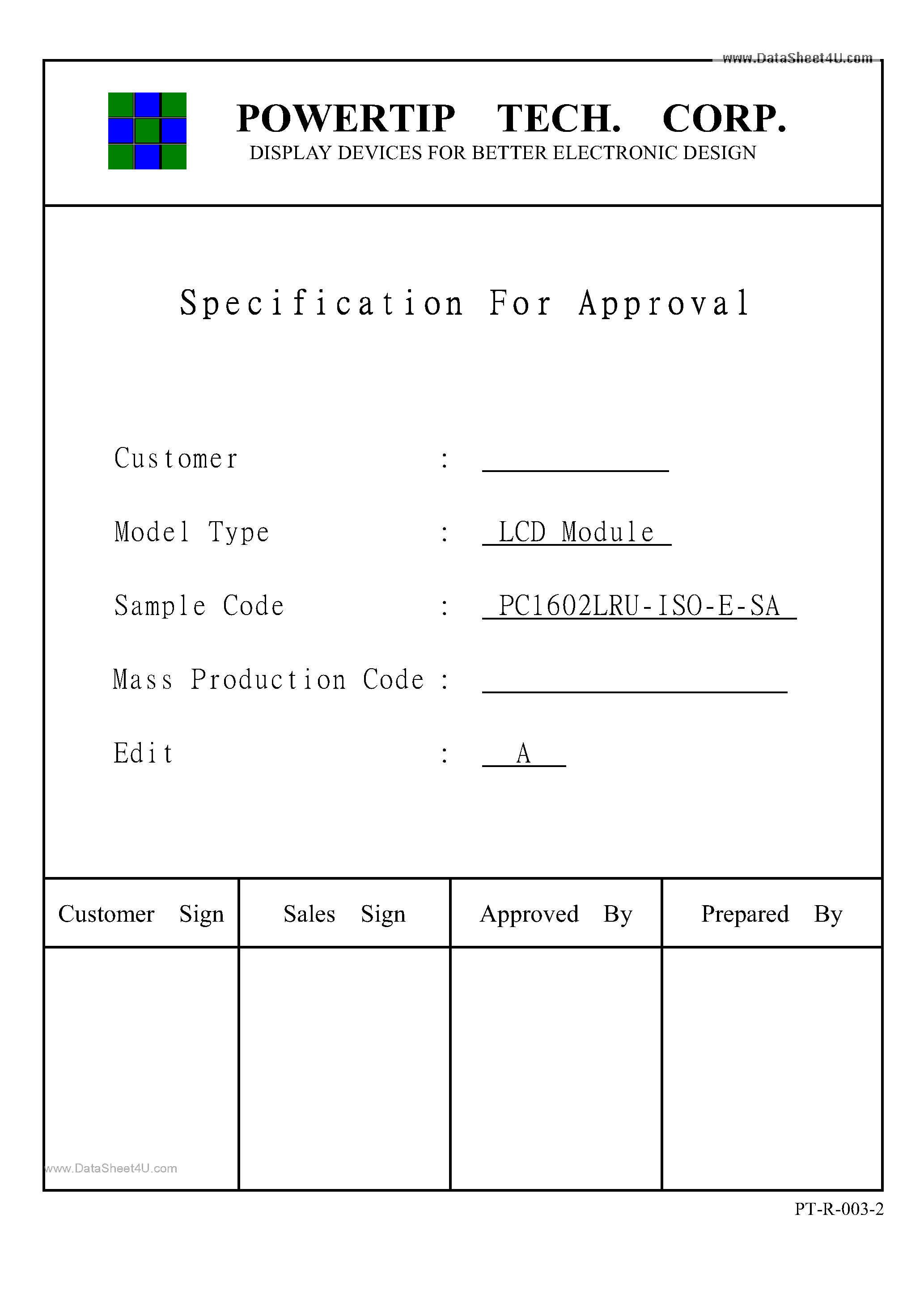 Datasheet PC1602LRU-ISO-E-SA - LCD Module page 1