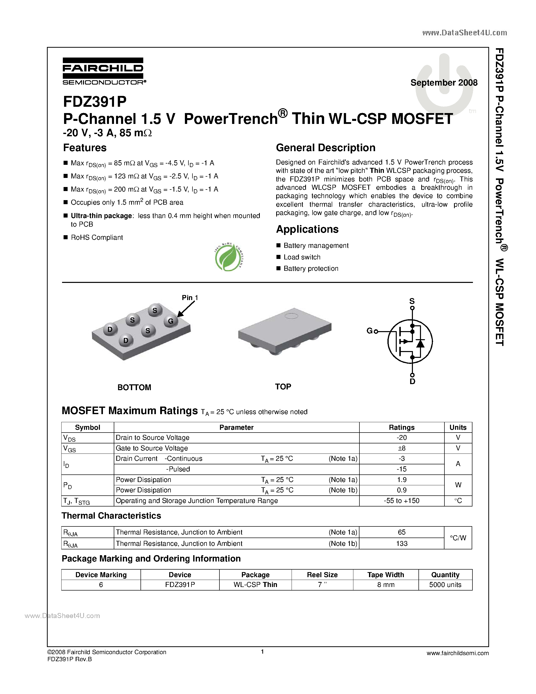 Даташит FDZ391P - Thin WL-CSP MOSFET страница 1