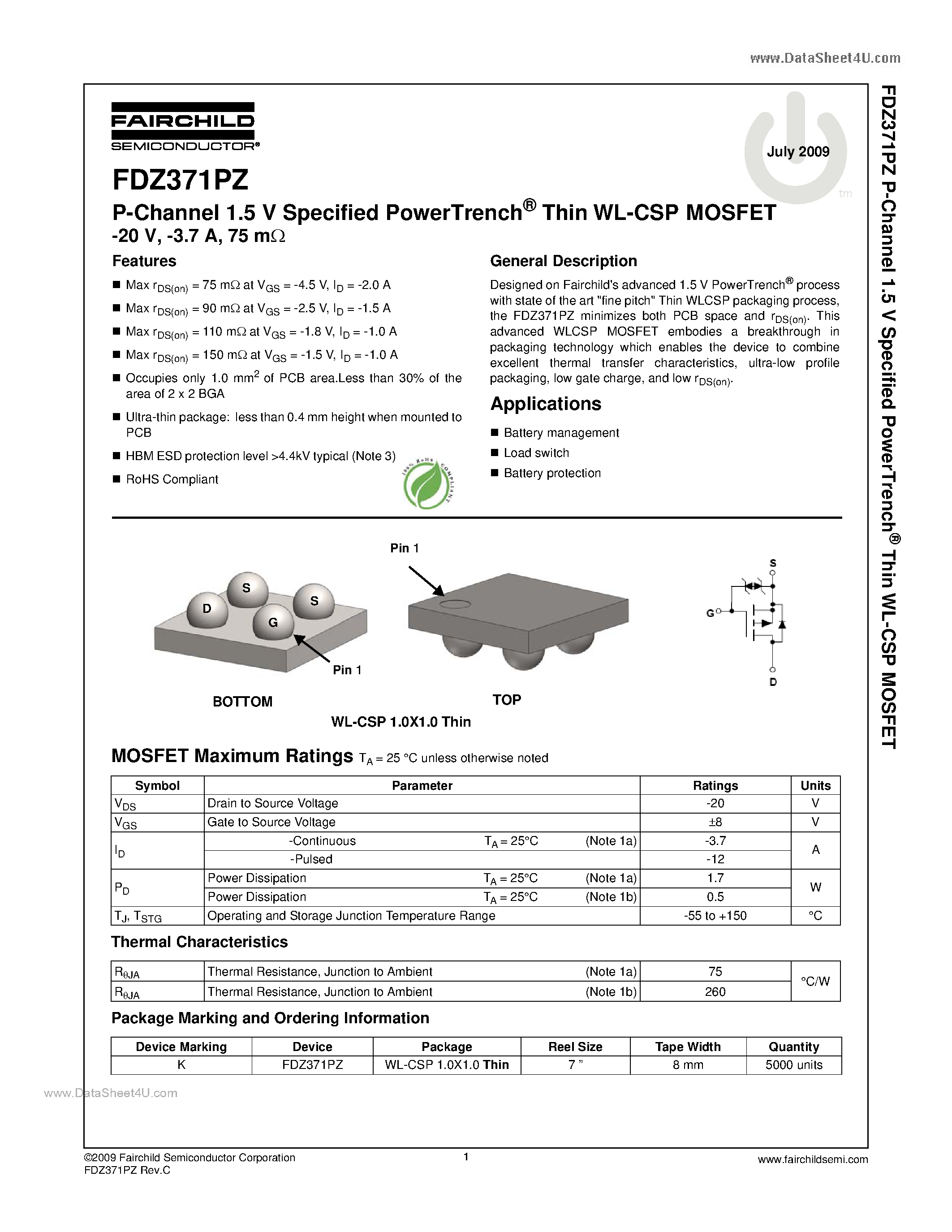 Даташит FDZ371PZ - Thin WL-CSP MOSFET страница 1