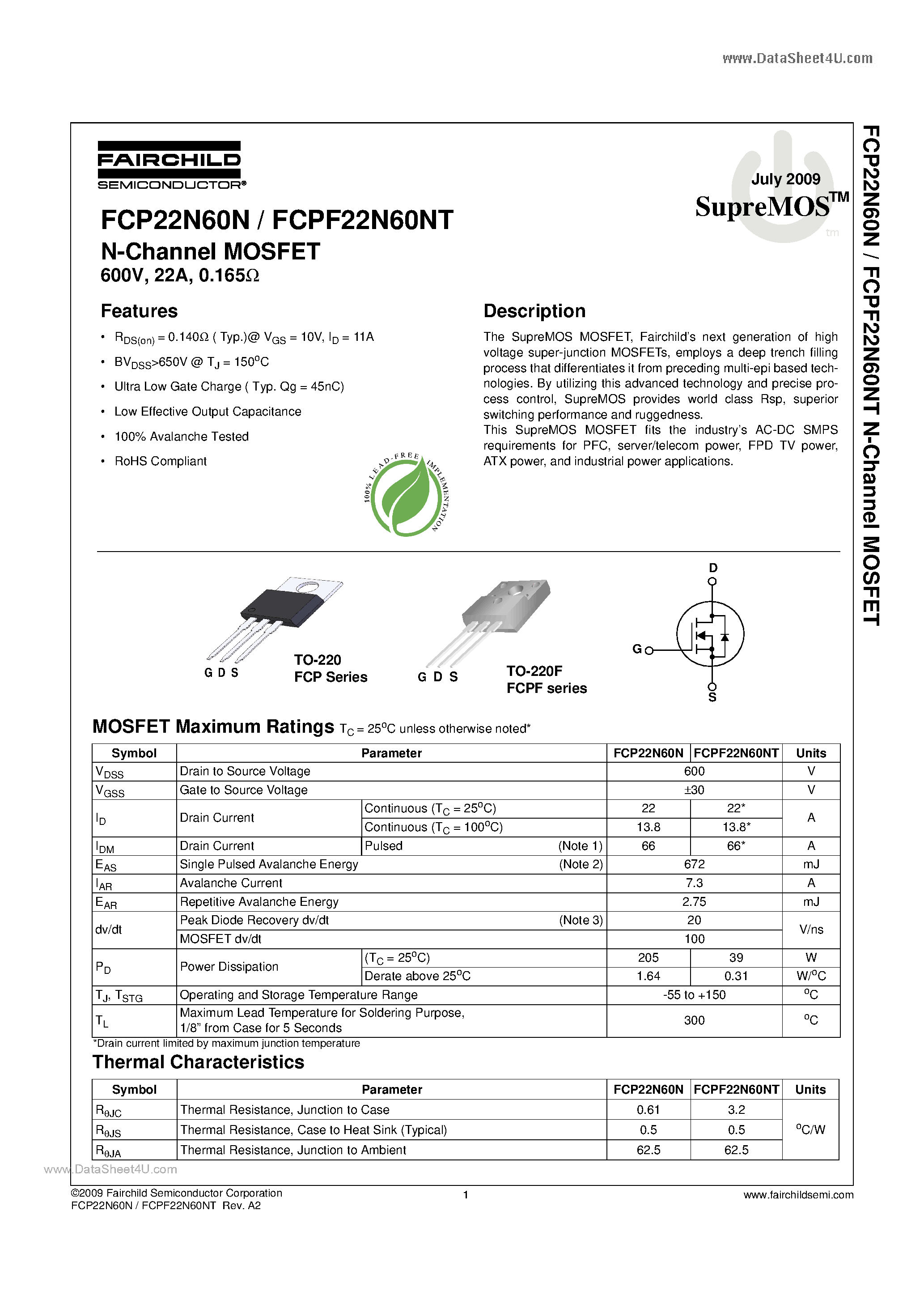 Datasheet FCP22N60N - 600V N-Channel MOSFET page 1