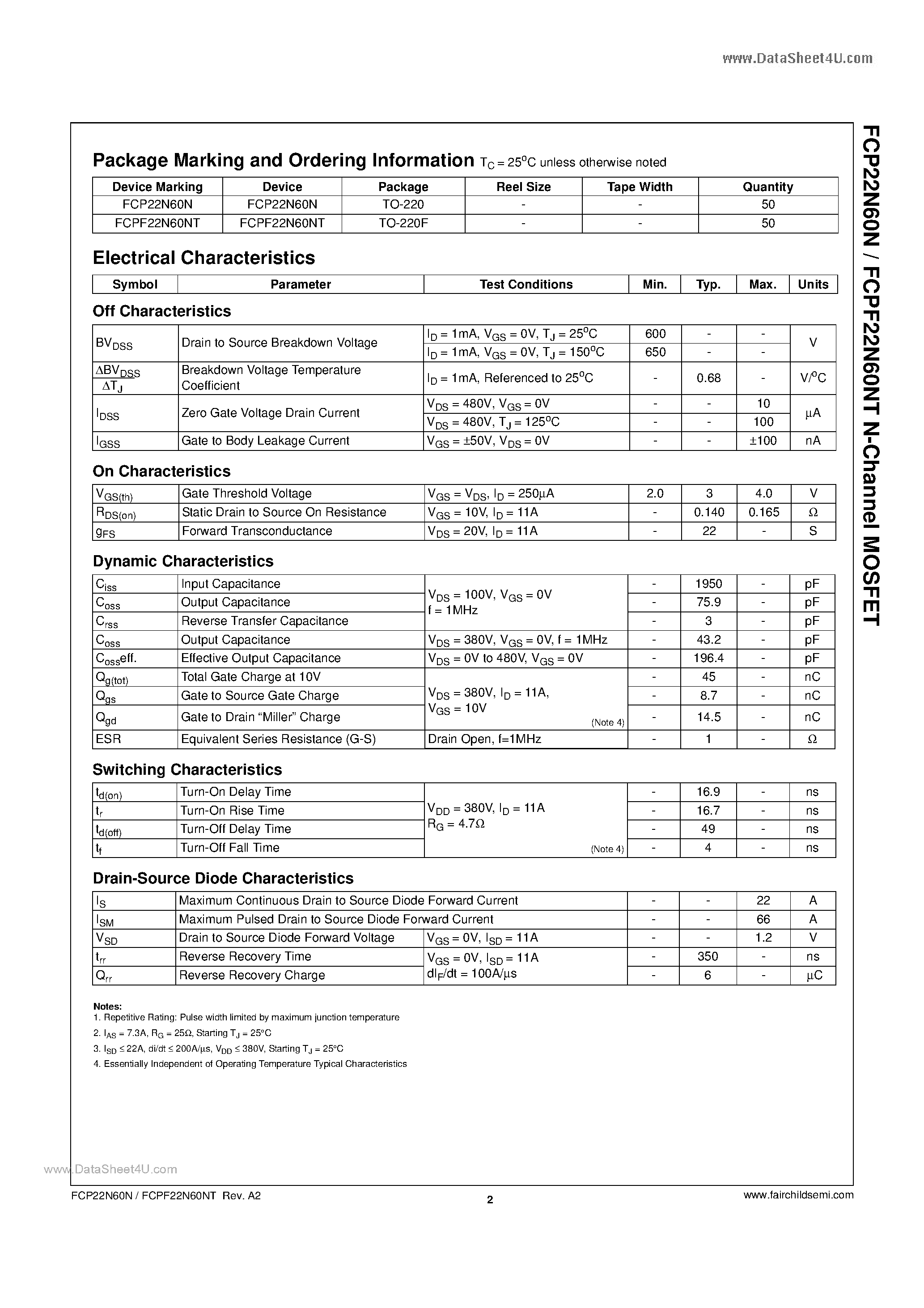 Datasheet FCP22N60N - 600V N-Channel MOSFET page 2
