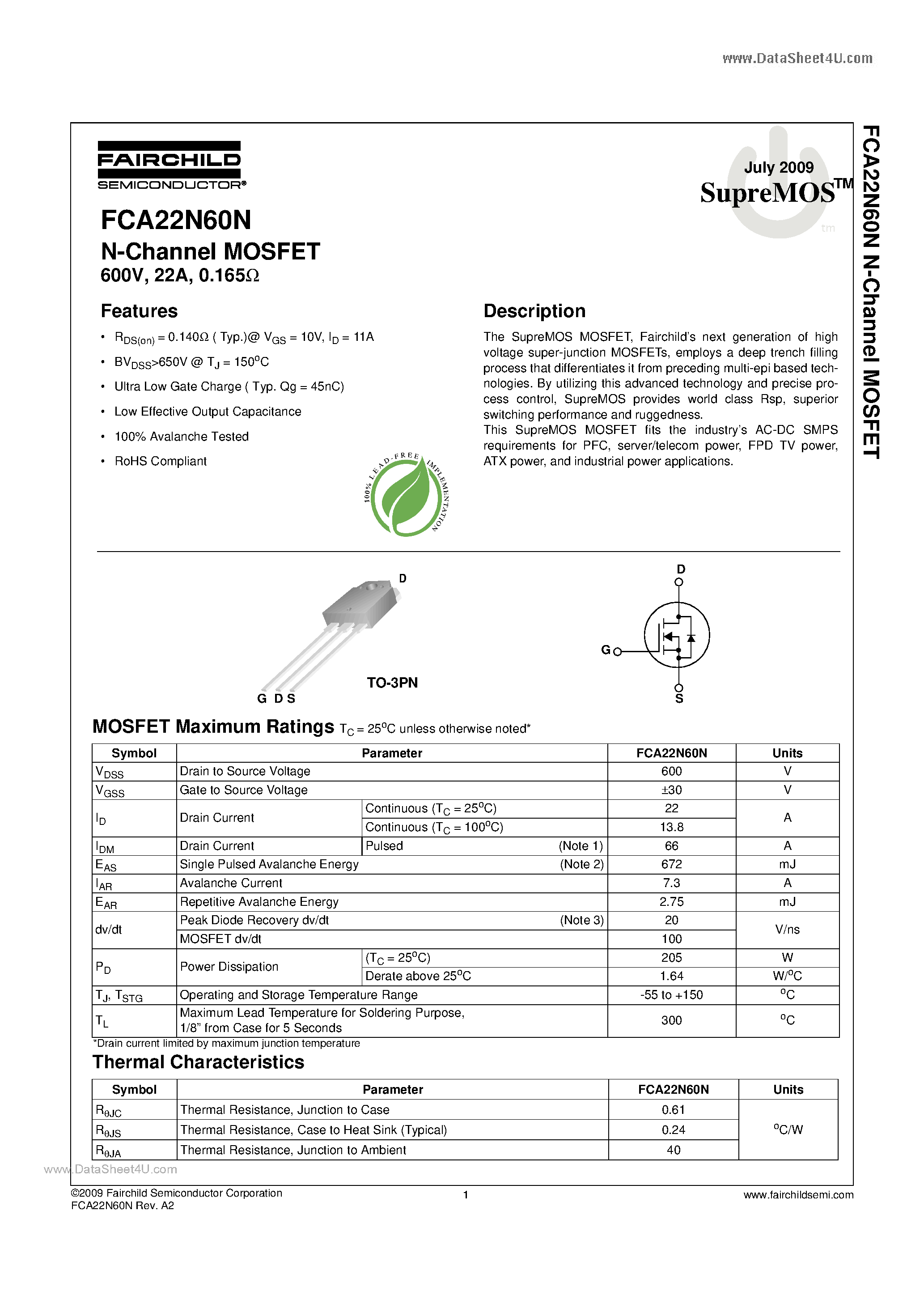 Datasheet FCA22N60N - N-Channel MOSFET page 1