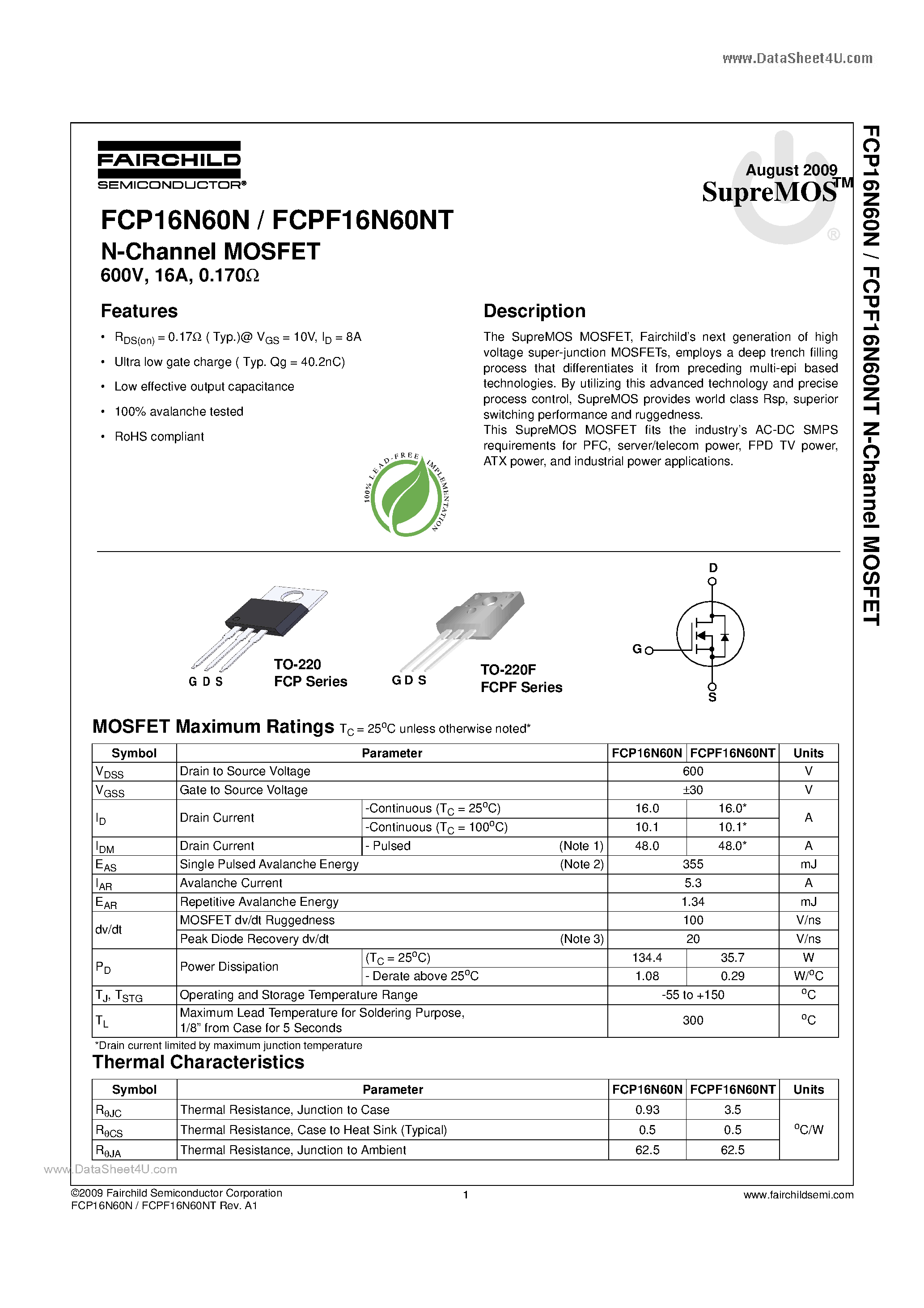 Datasheet FCP16N60N - 600V N-Channel MOSFET page 1
