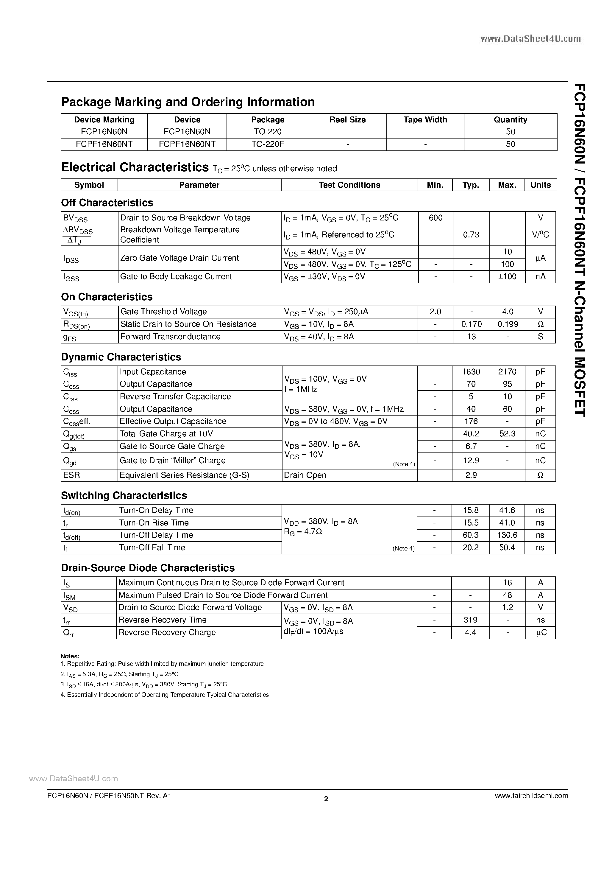 Datasheet FCP16N60N - 600V N-Channel MOSFET page 2