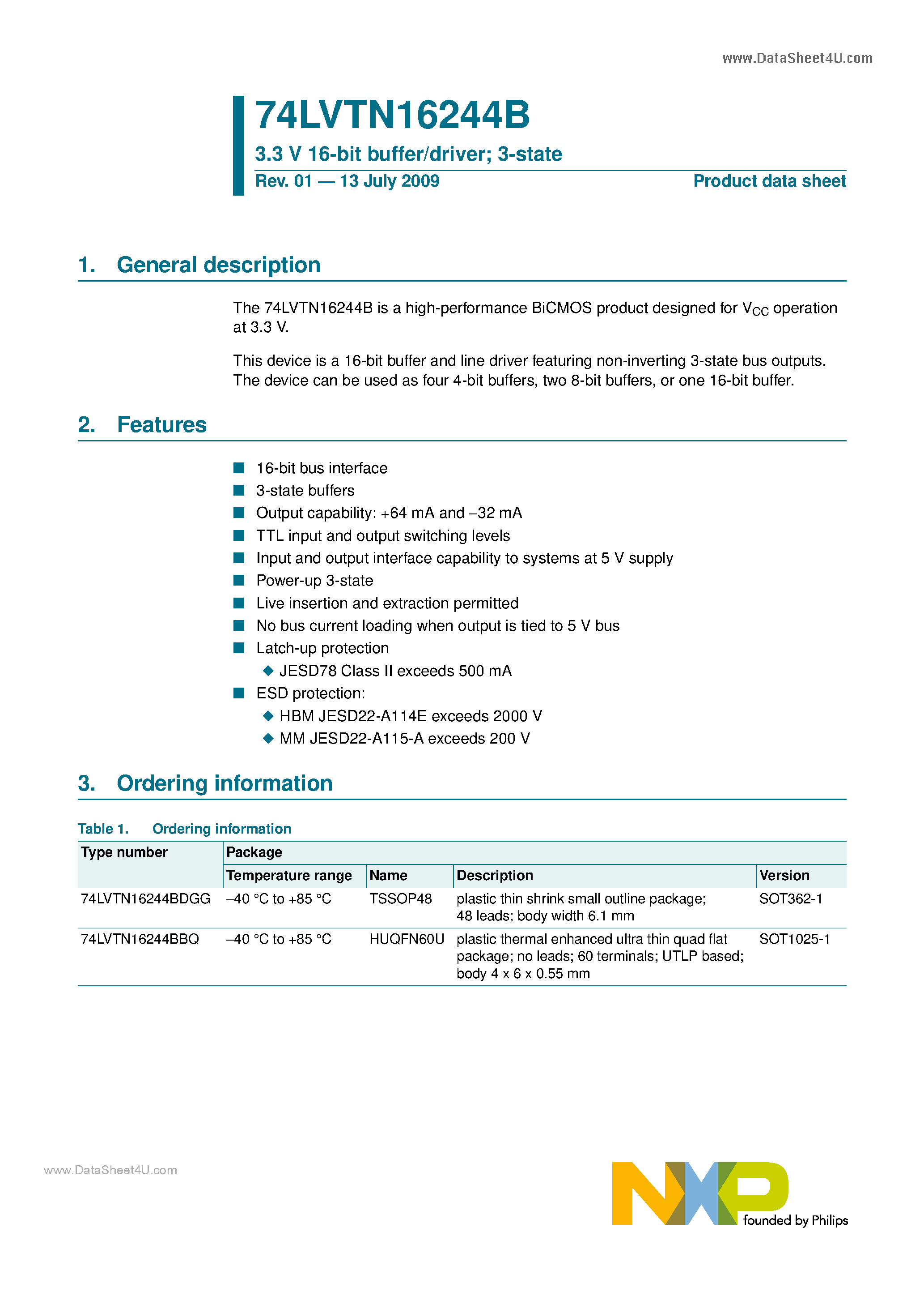Datasheet 74LVTN16244B page 1 Datasheet 74LVTN16244B - 3.3 V 16-bit buffer/driver page 1