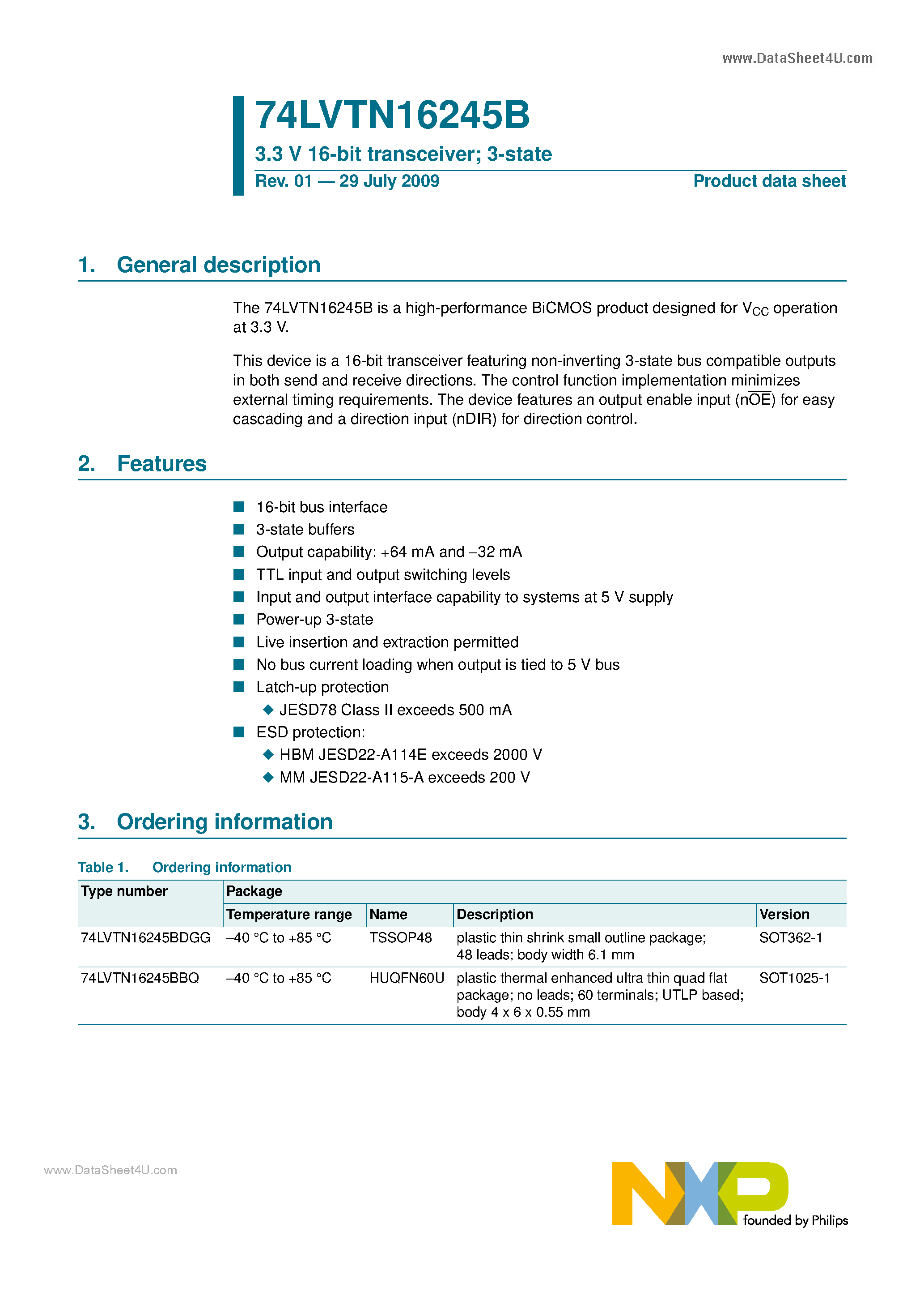 Даташит 74LVTN16245B - 3.3 V 16-bit transceiver страница 1