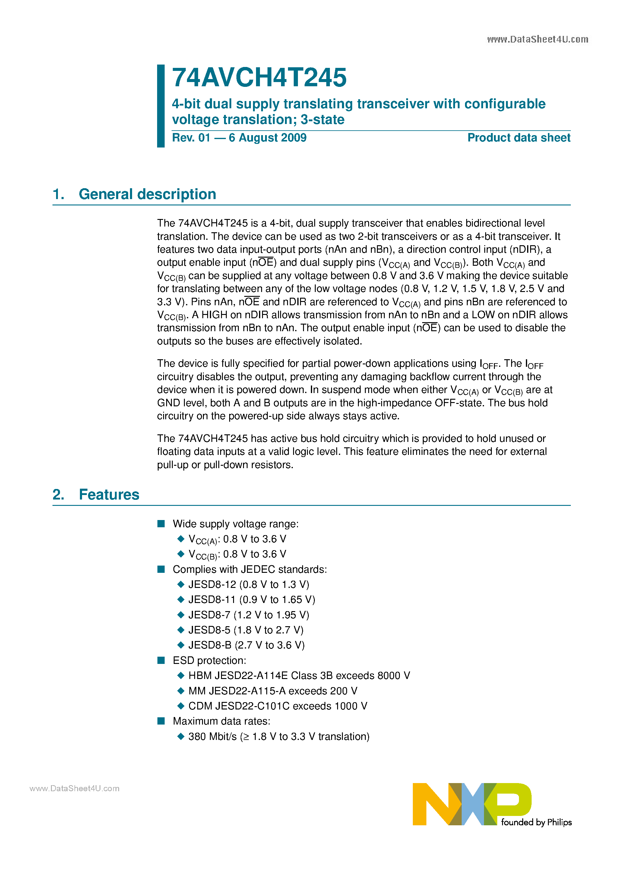 Datasheet 74AVCH4T245 - 4-bit dual supply translating transceiver page 1