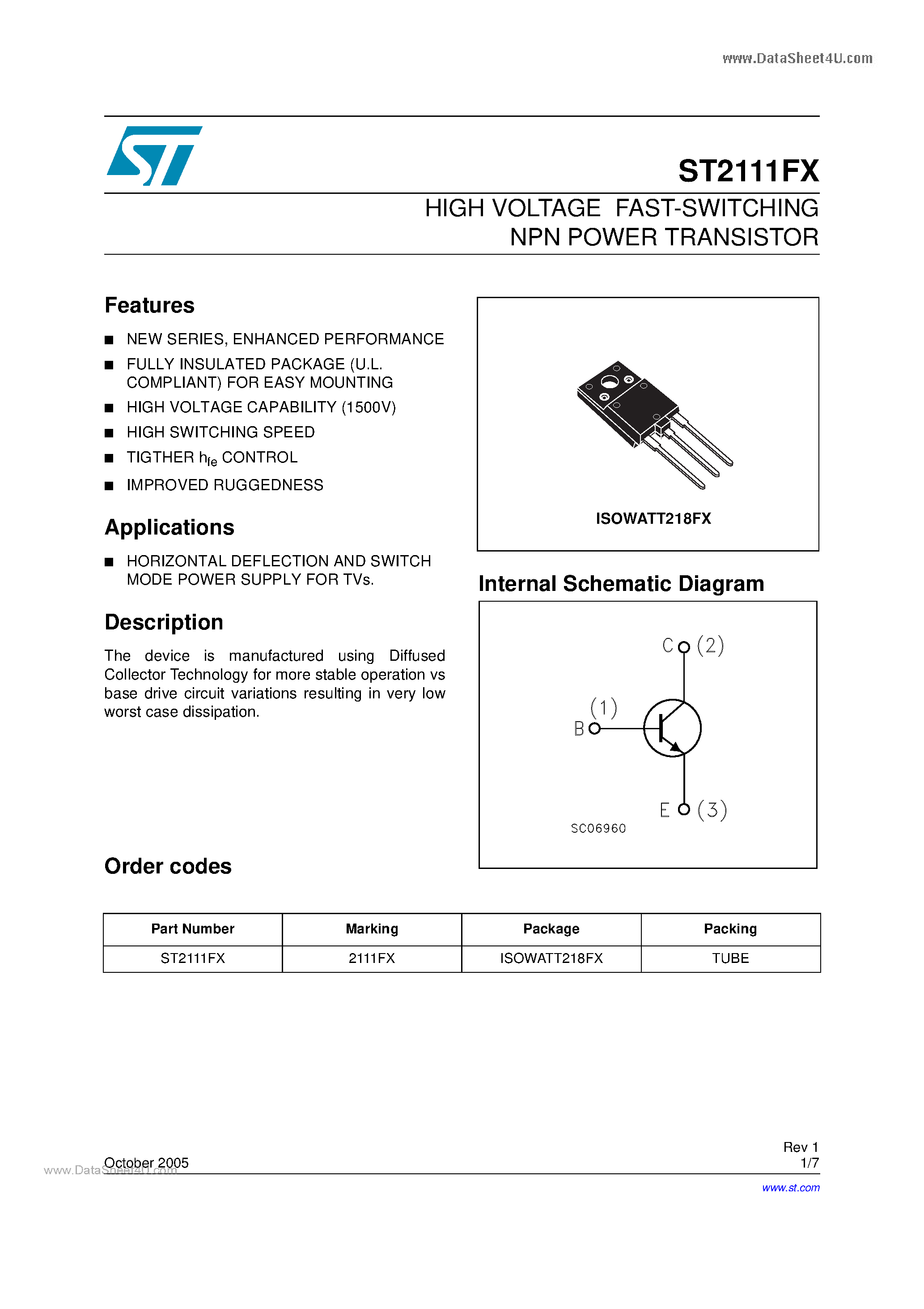 Datasheet ST2111FX page 1 Datasheet ST2111FX - HIGH VOLTAGE FAST-SWITCHING NPN POWER TRANSISTOR page 1