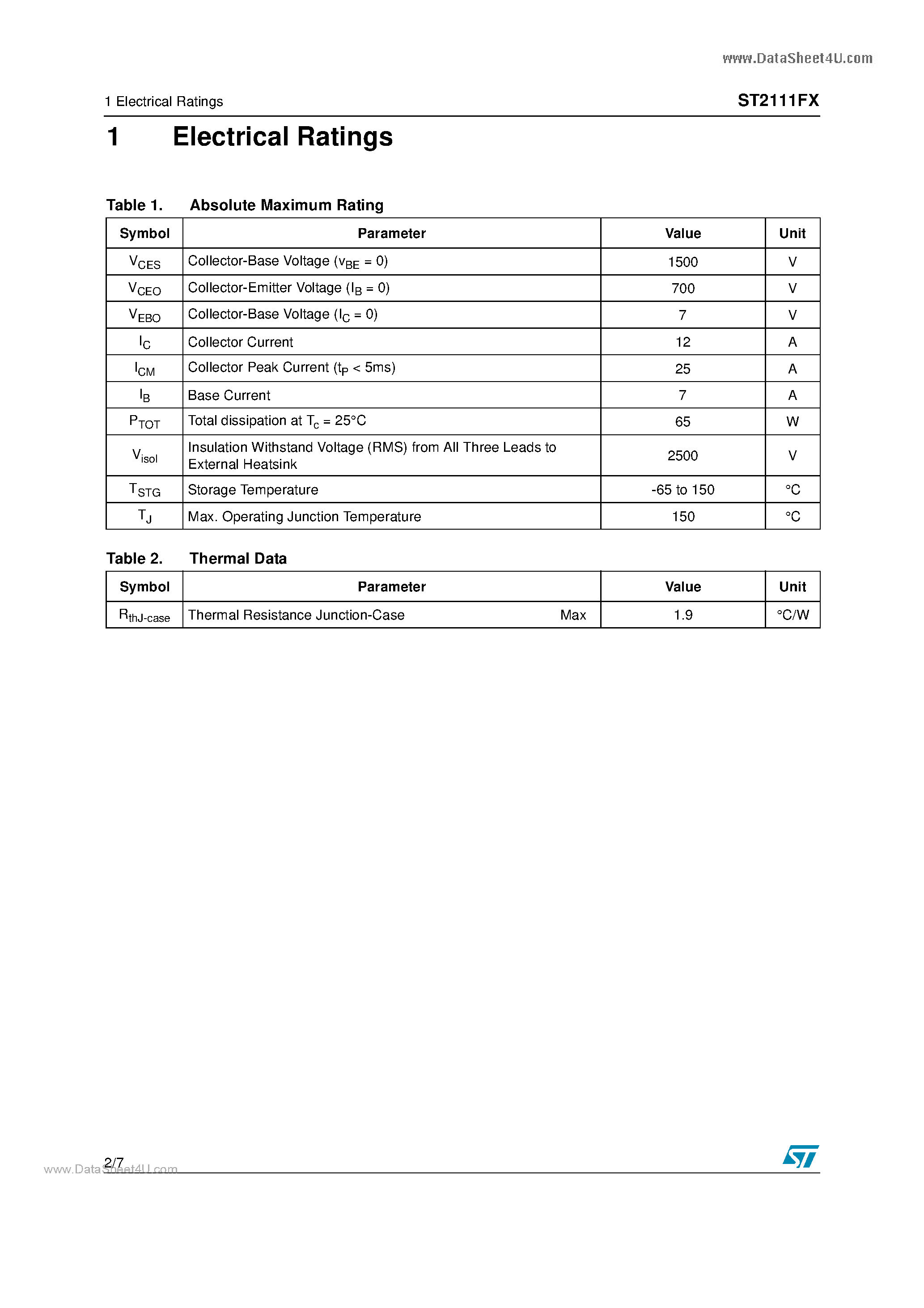 Datasheet ST2111FX page 2 Datasheet ST2111FX - HIGH VOLTAGE FAST-SWITCHING NPN POWER TRANSISTOR page 2