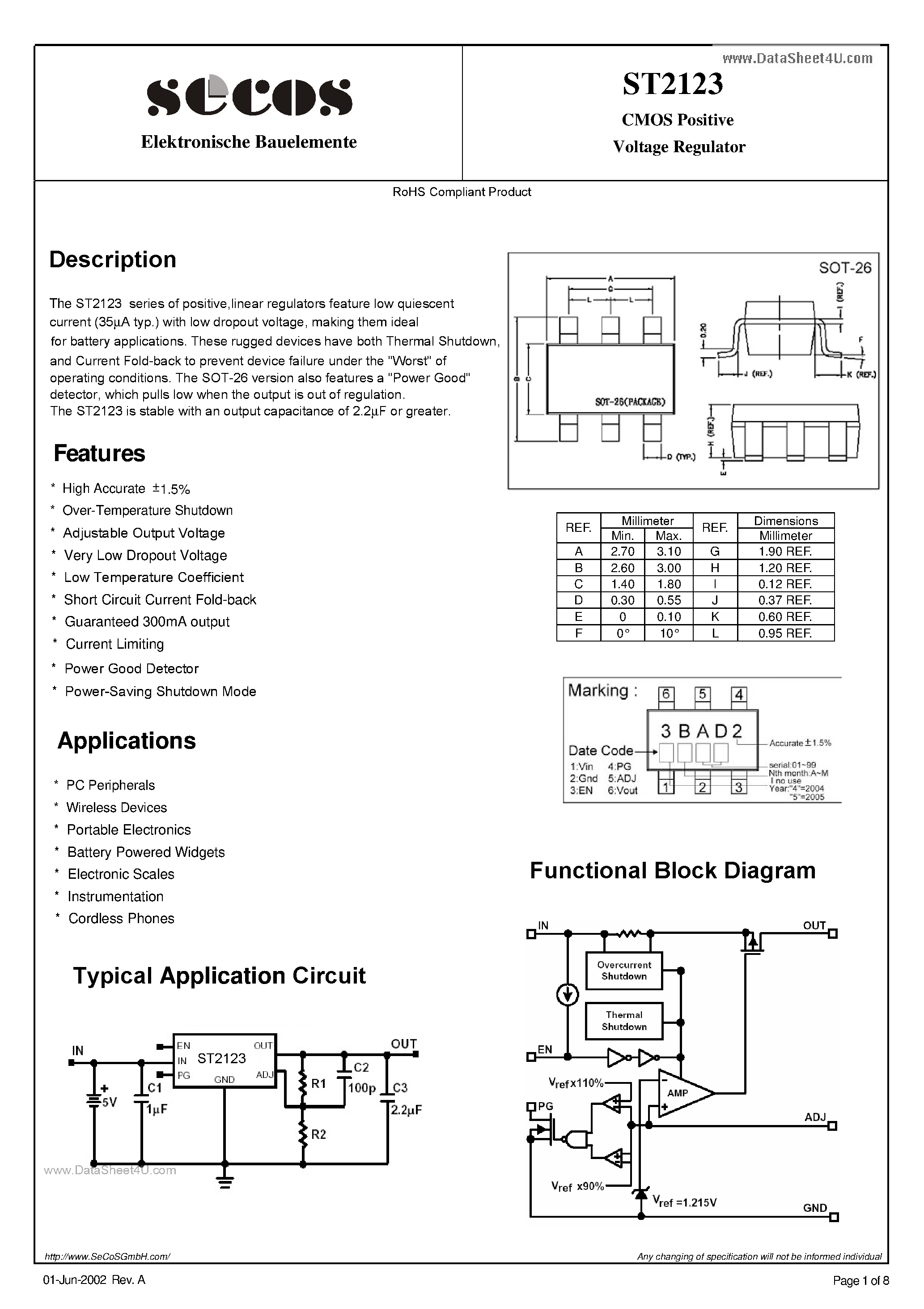 Datasheet ST2123 - CMOS Positive Voltage Regulator page 1