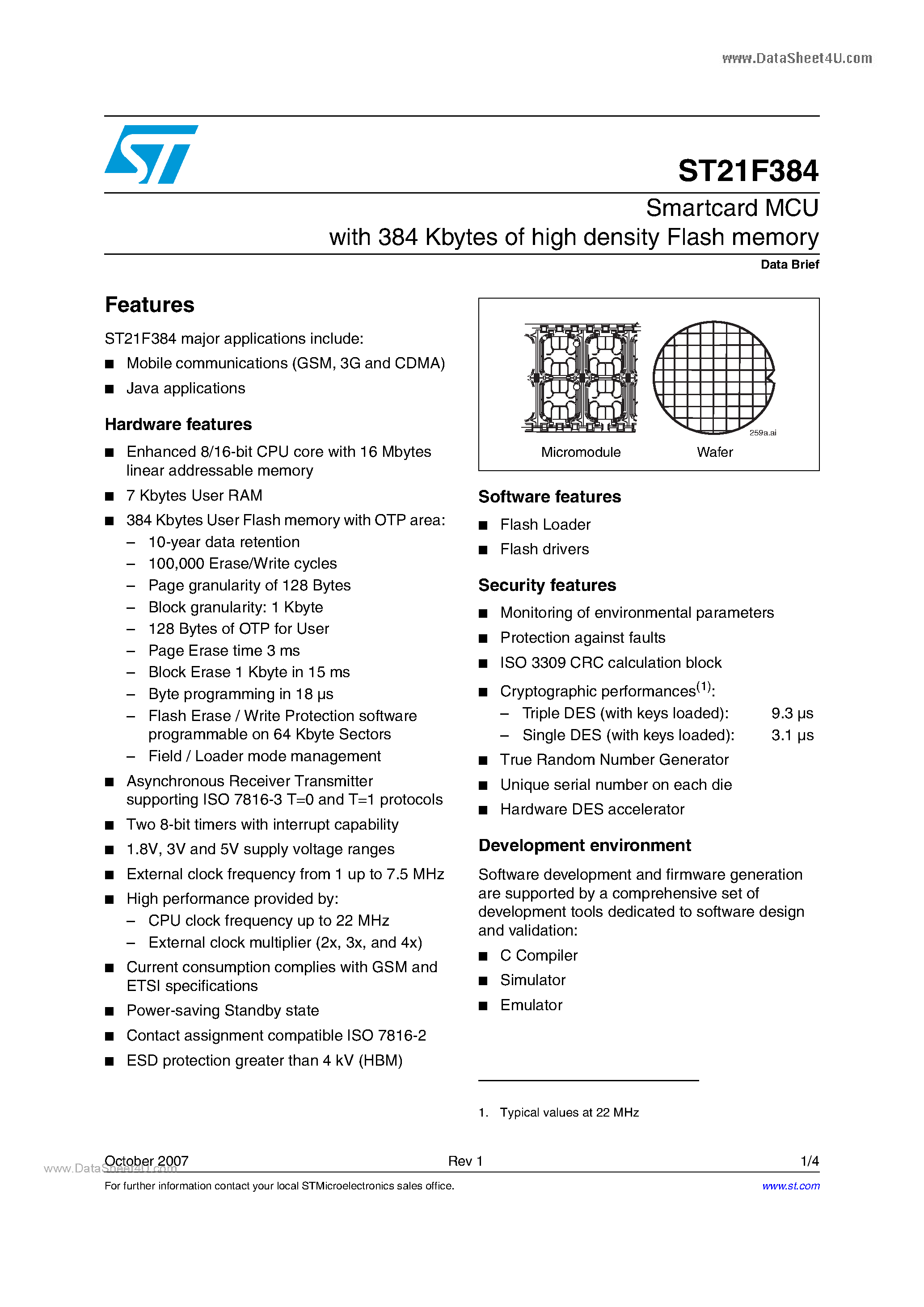 Даташит ST21F384 - Smartcard MCU страница 1