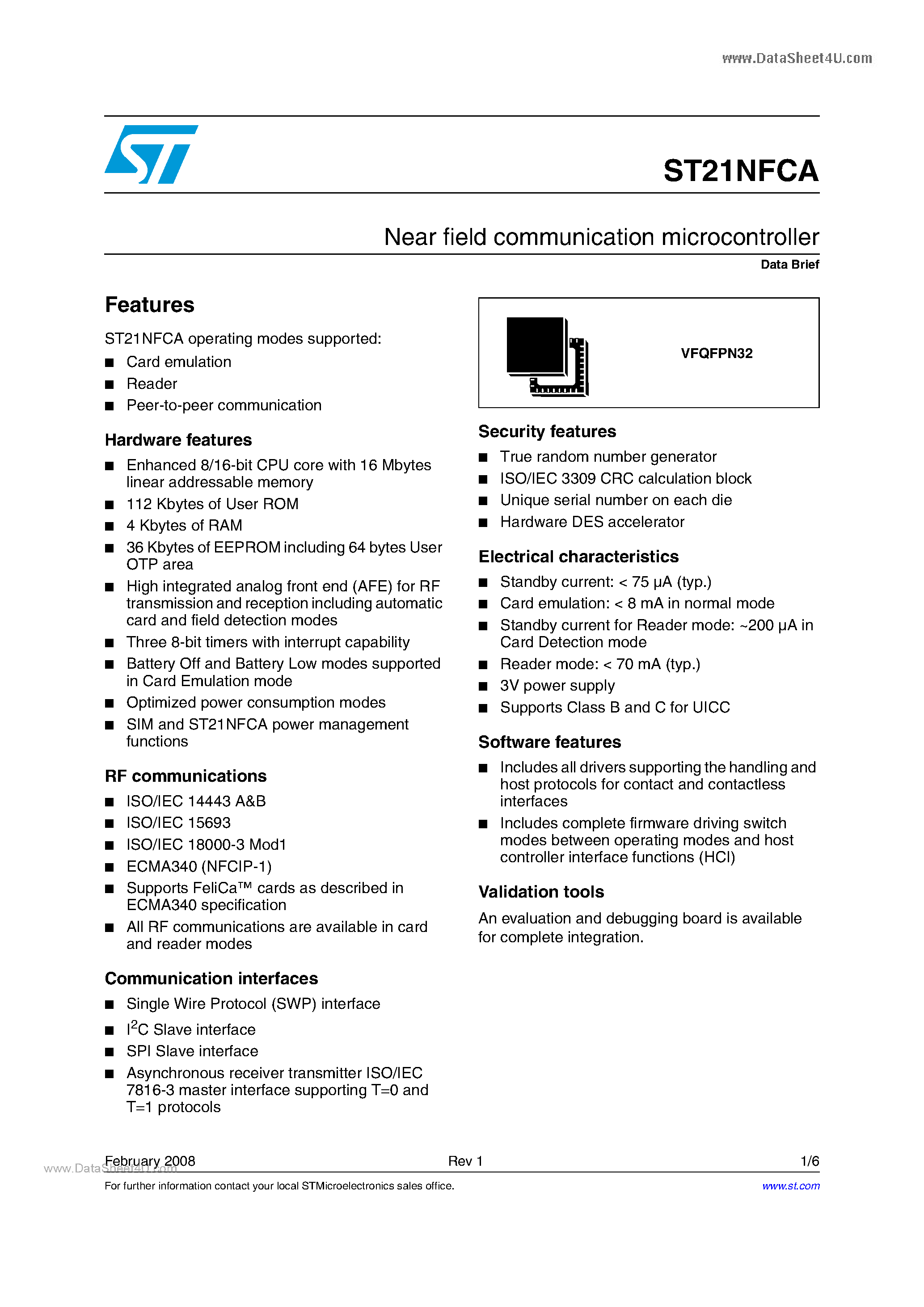 Datasheet ST21NFCA page 1 Datasheet ST21NFCA - Near field communication microcontroller page 1