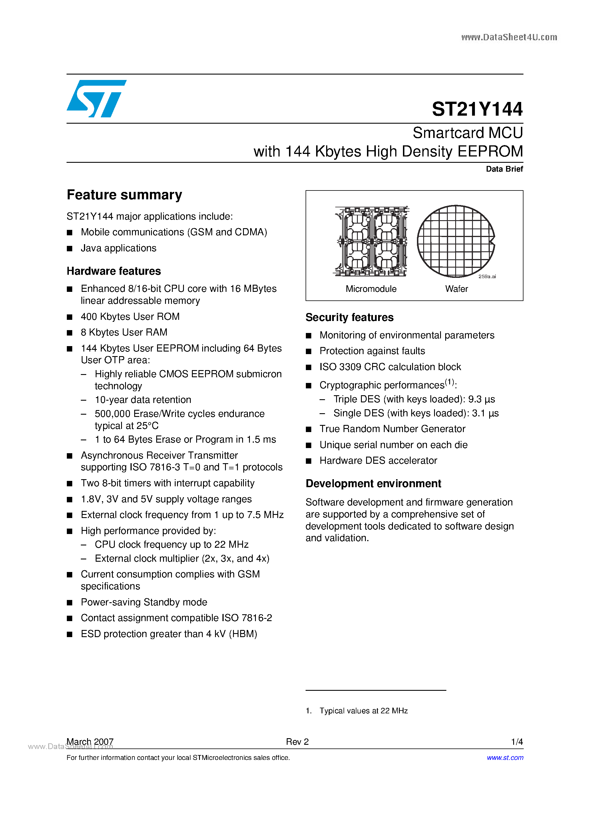 Datasheet ST21Y144 page 1 Datasheet ST21Y144 - Smartcard MCU page 1