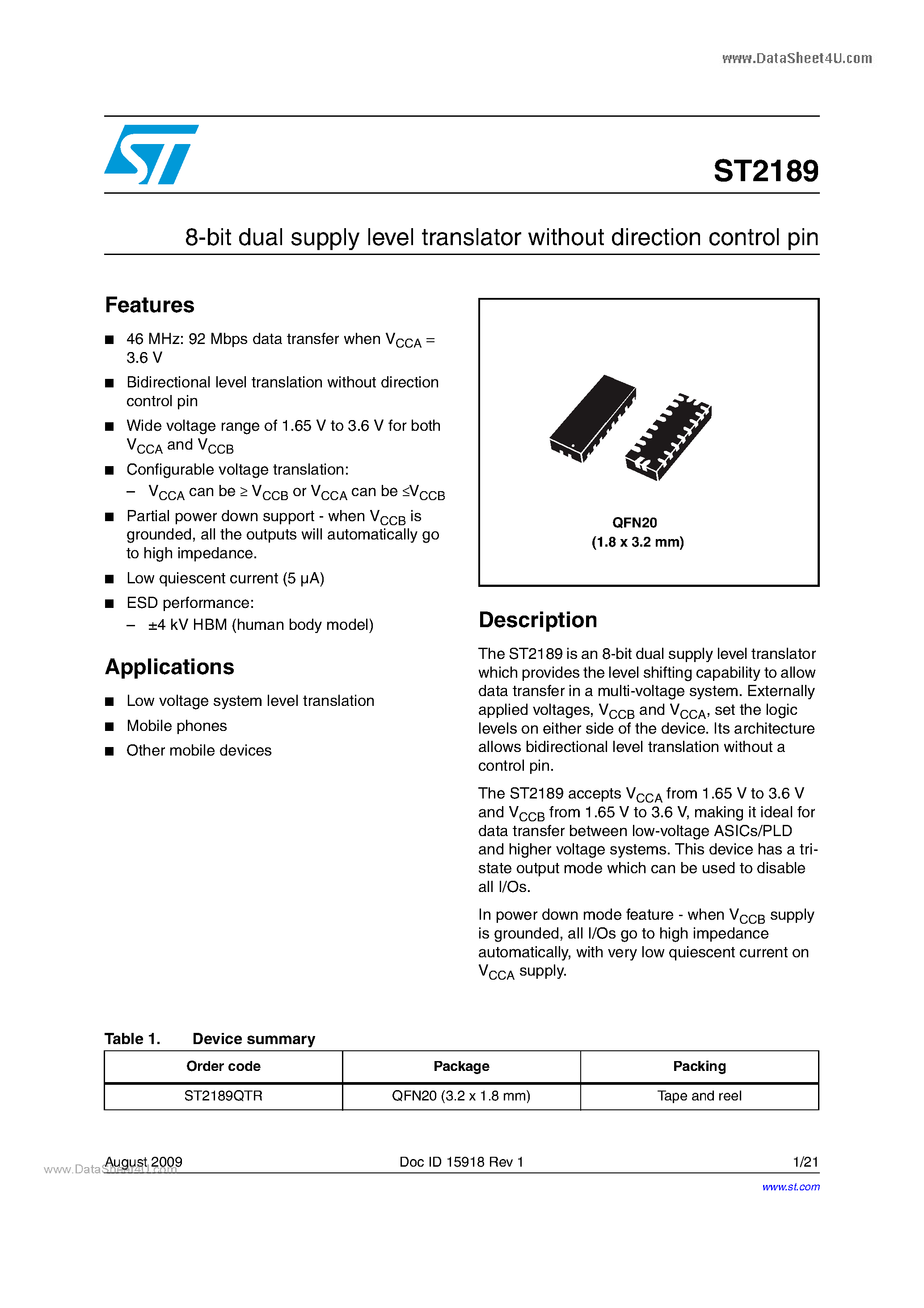 Datasheet ST2189 page 1 Datasheet ST2189 - 8-bit dual supply level translator without direction control pin page 1