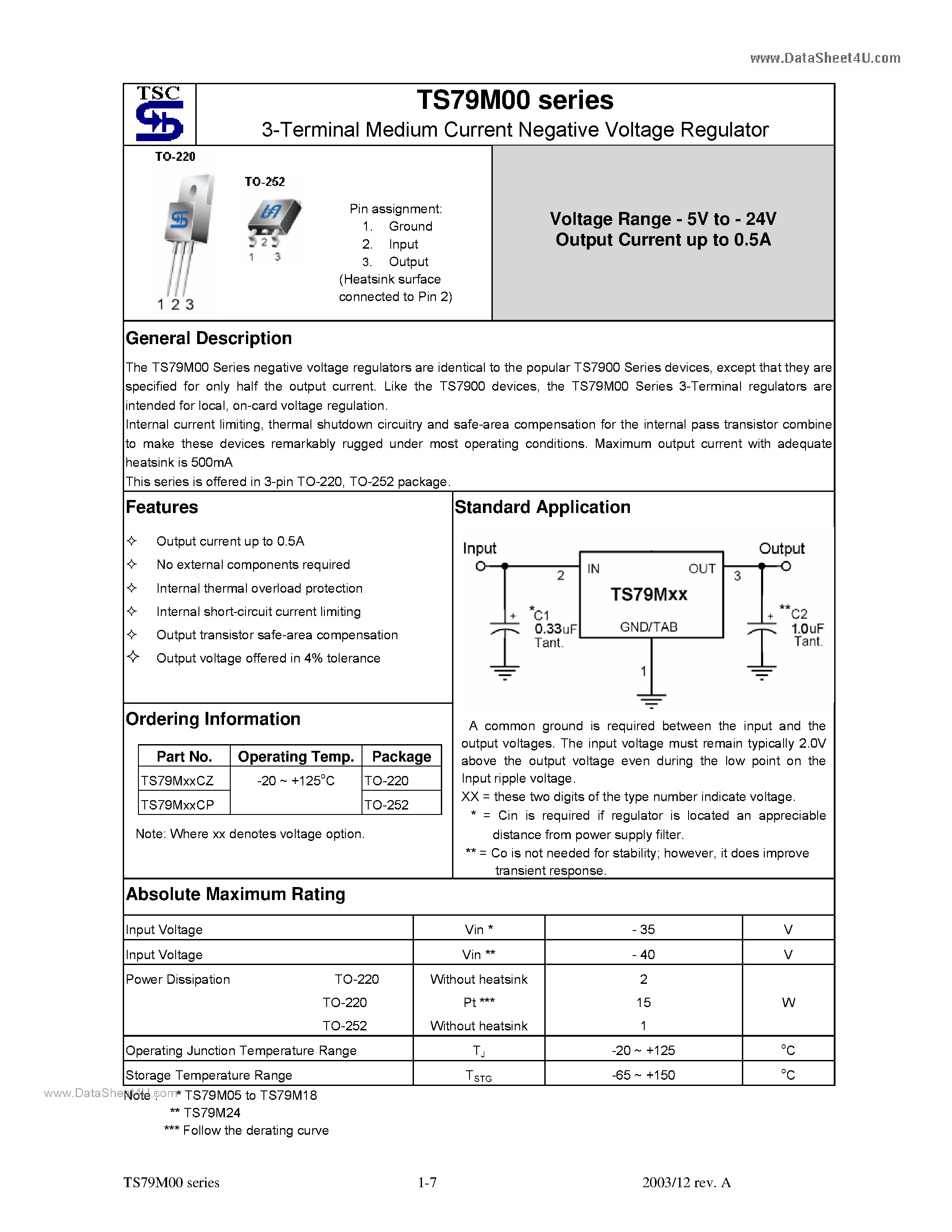 Datasheet TS79M00 - 3-Terminal Medium Current Negative Voltage Regulator page 1
