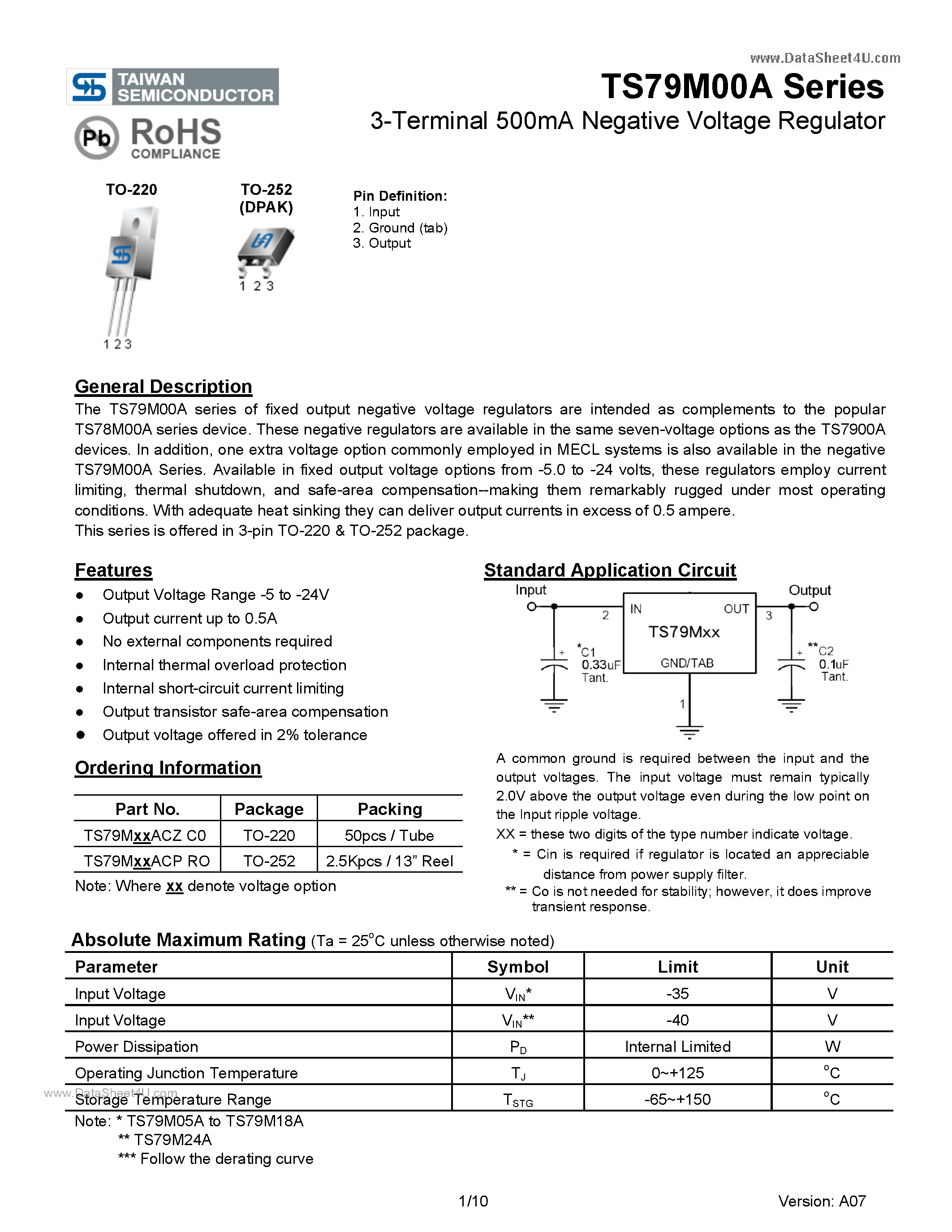 Datasheet TS79M00A - 3-Terminal 500mA Negative Voltage Regulator page 1