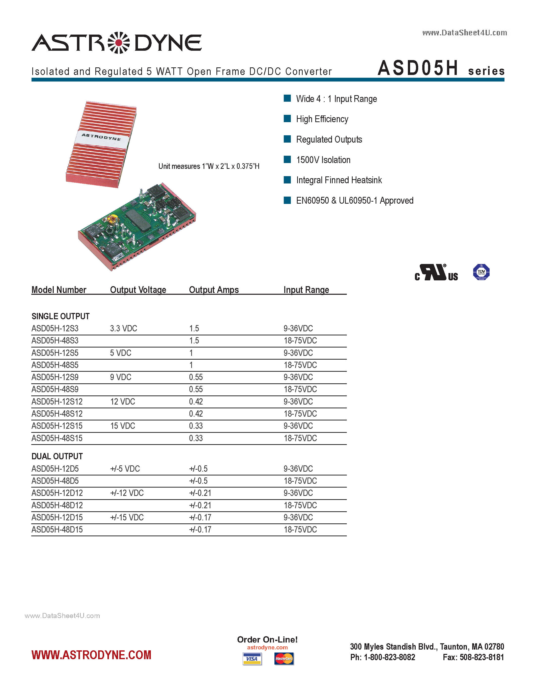 Datasheet ASD05H - Isolated and Regulated 5 WATT Open Frame DC/DC Converter page 1