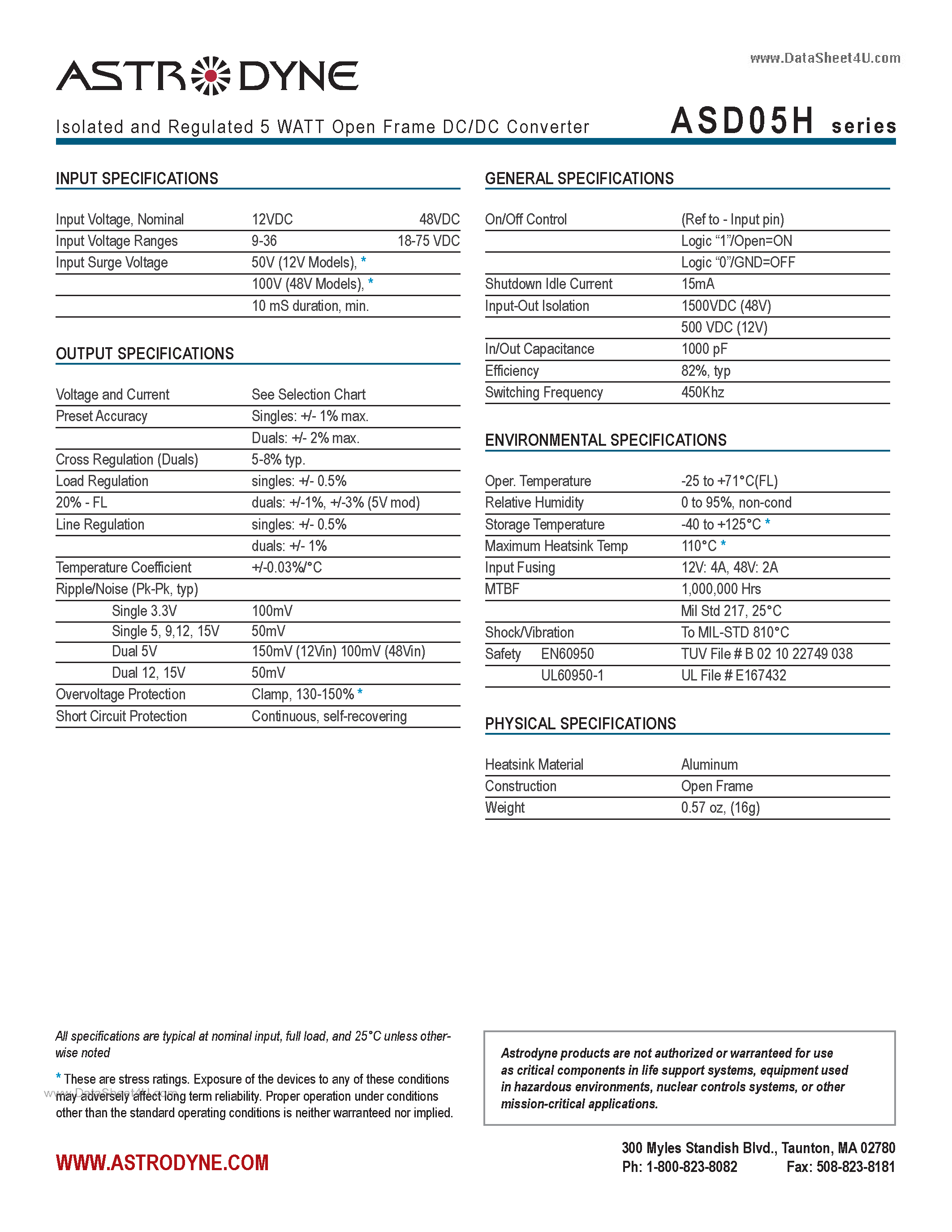 Datasheet ASD05H - Isolated and Regulated 5 WATT Open Frame DC/DC Converter page 2