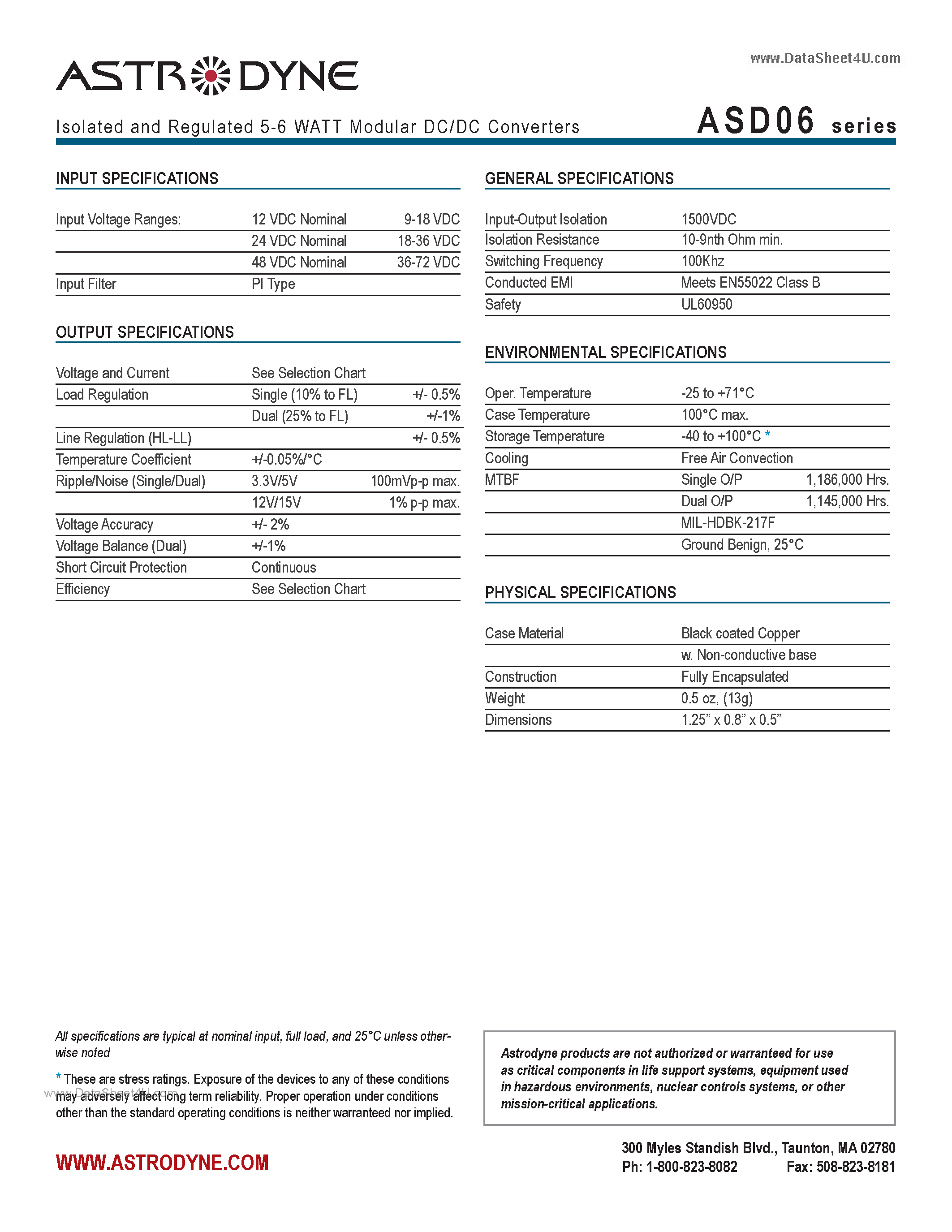 Datasheet ASD06 page 2 Datasheet ASD06 - Isolated and Regulated 5-6 WATT Modular DC/DC Converters page 2