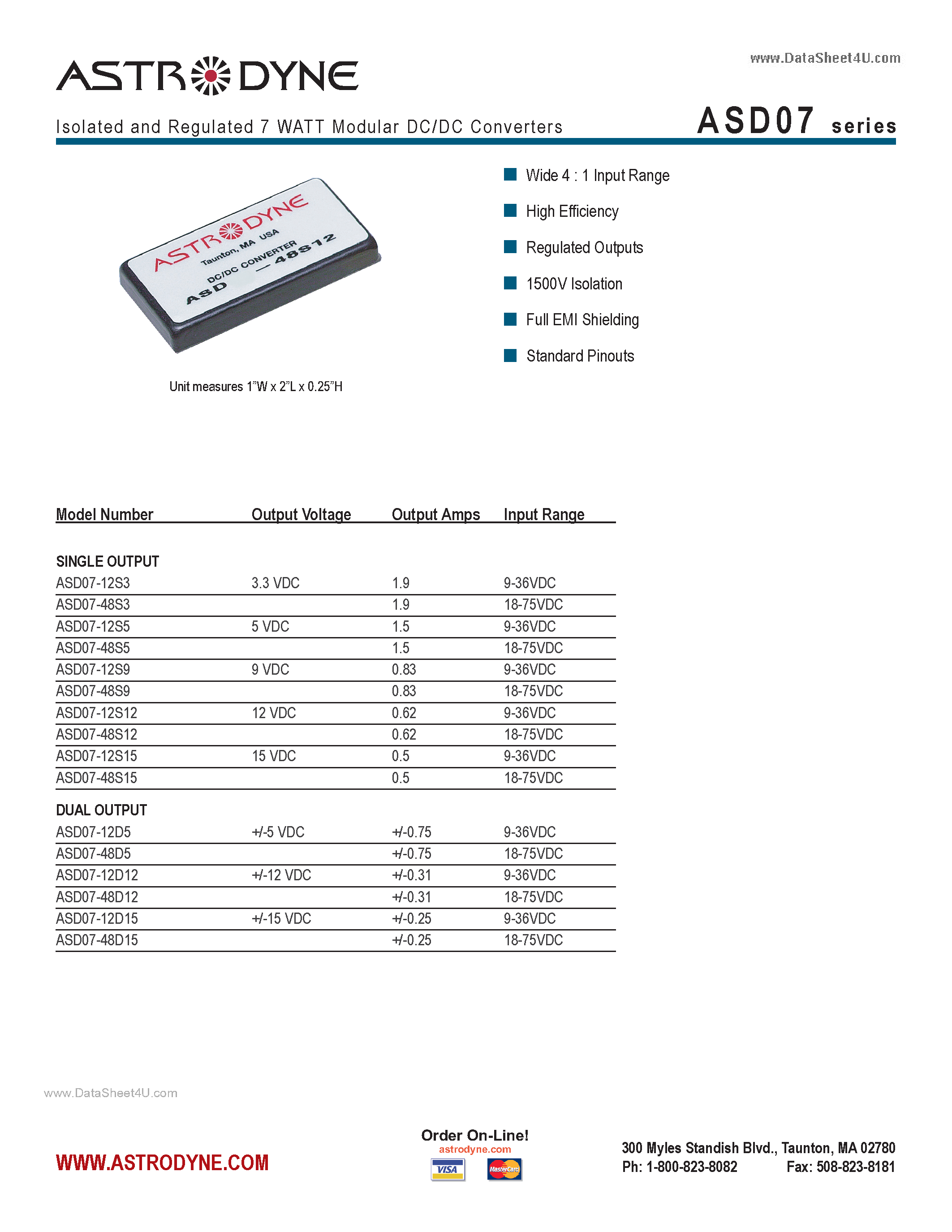 Datasheet ASD07 - Isolated and Regulated 7 WATT Modular DC/DC Converters page 1