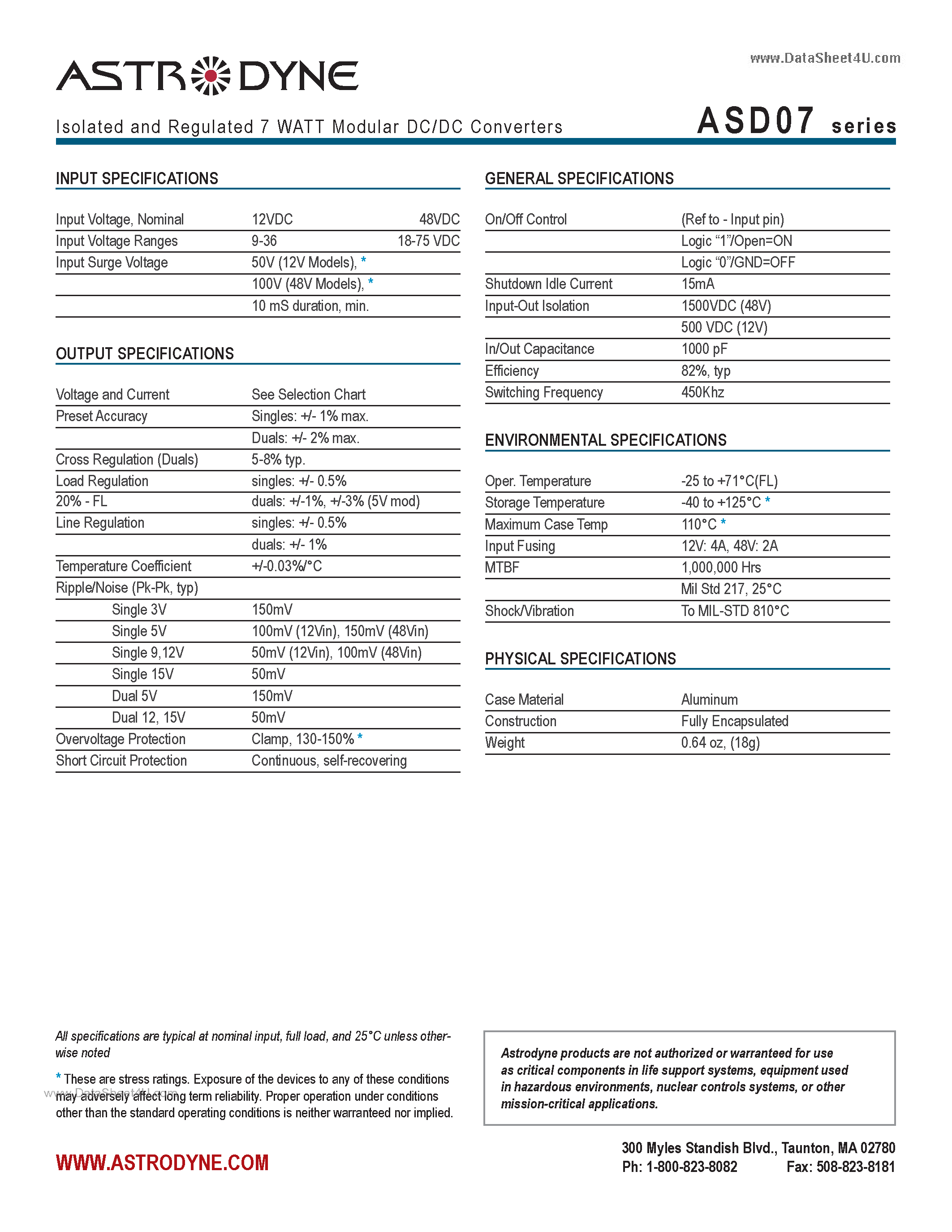 Datasheet ASD07 - Isolated and Regulated 7 WATT Modular DC/DC Converters page 2