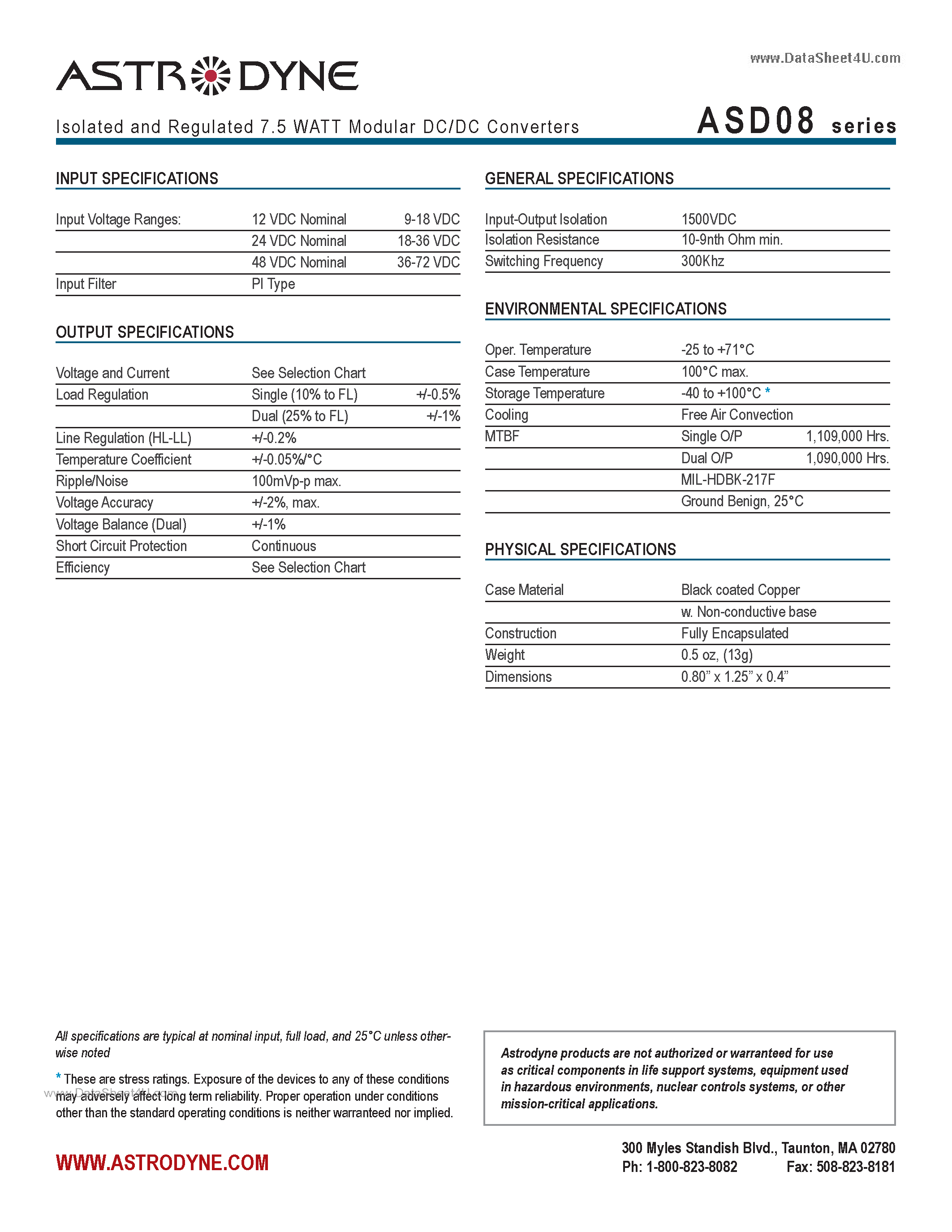Datasheet ASD08 - Isolated and Regulated 7.5 WATT Modular DC/DC Converters page 2