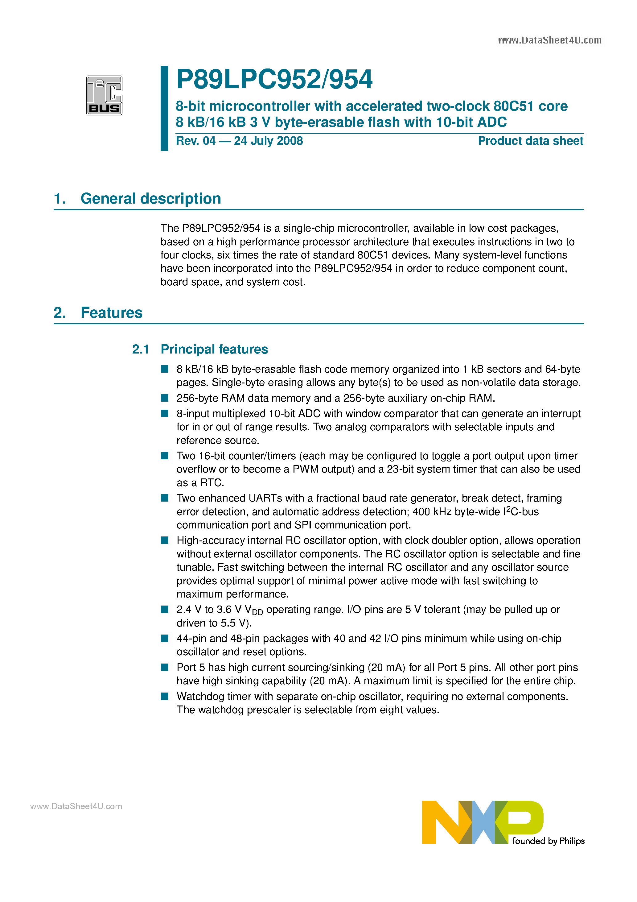 Datasheet P89LPC952 - (P89LPC952 / P89LPC954) 8-bit microcontroller page 1