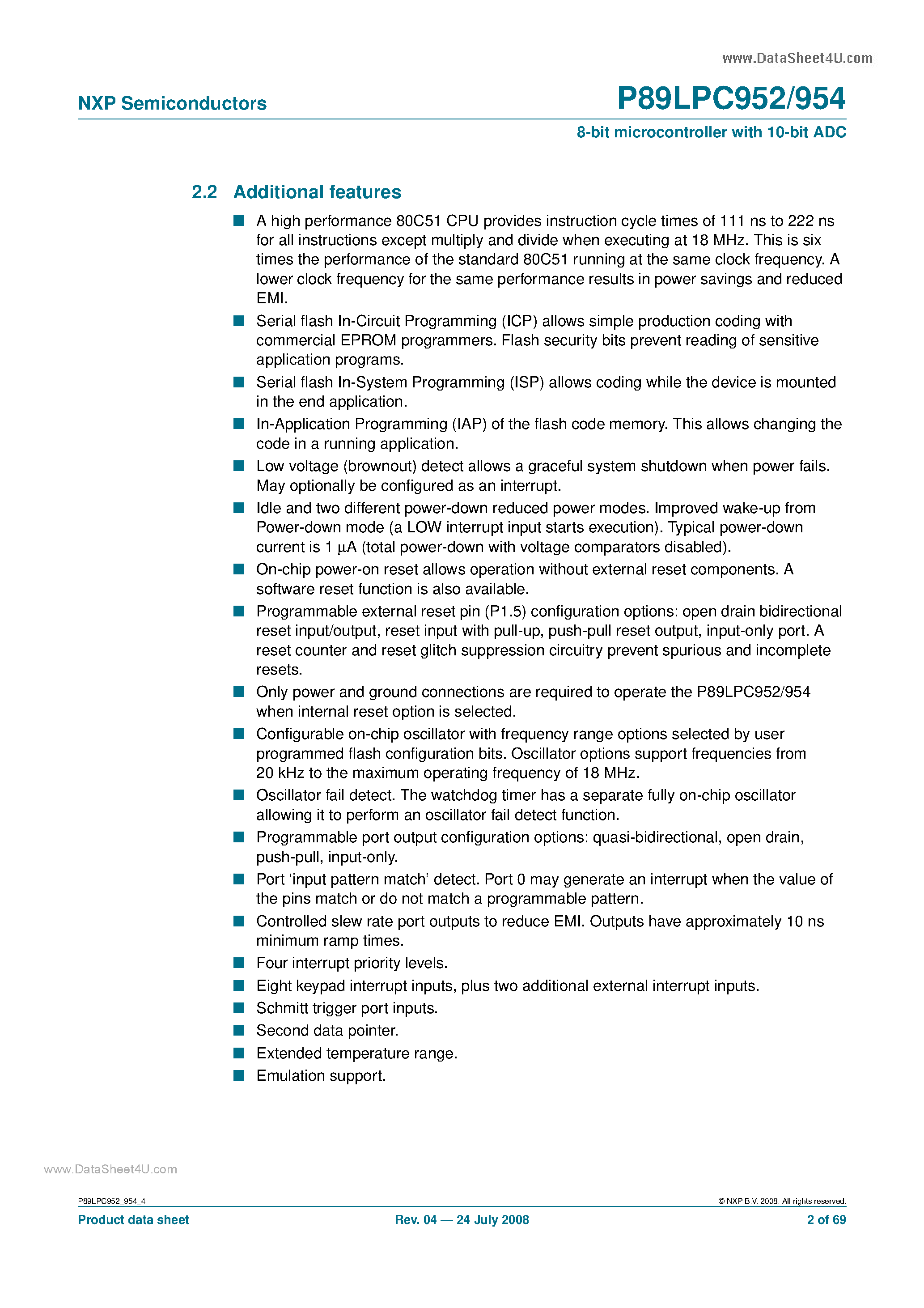Datasheet P89LPC952 - (P89LPC952 / P89LPC954) 8-bit microcontroller page 2