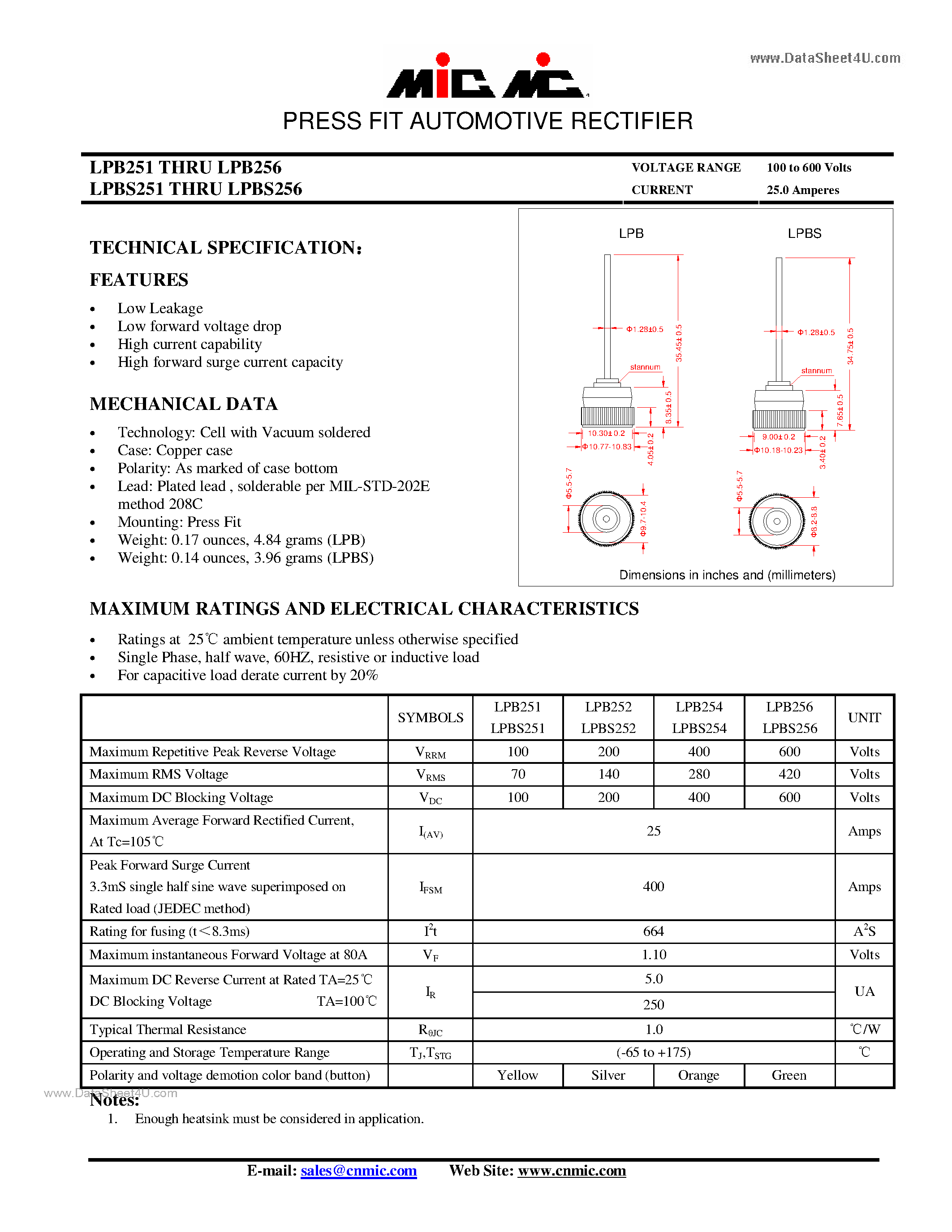 Datasheet LPB251 - (LPB251 - LPB256) PRESS FIT AUTOMOTIVE RECTIFIER page 1
