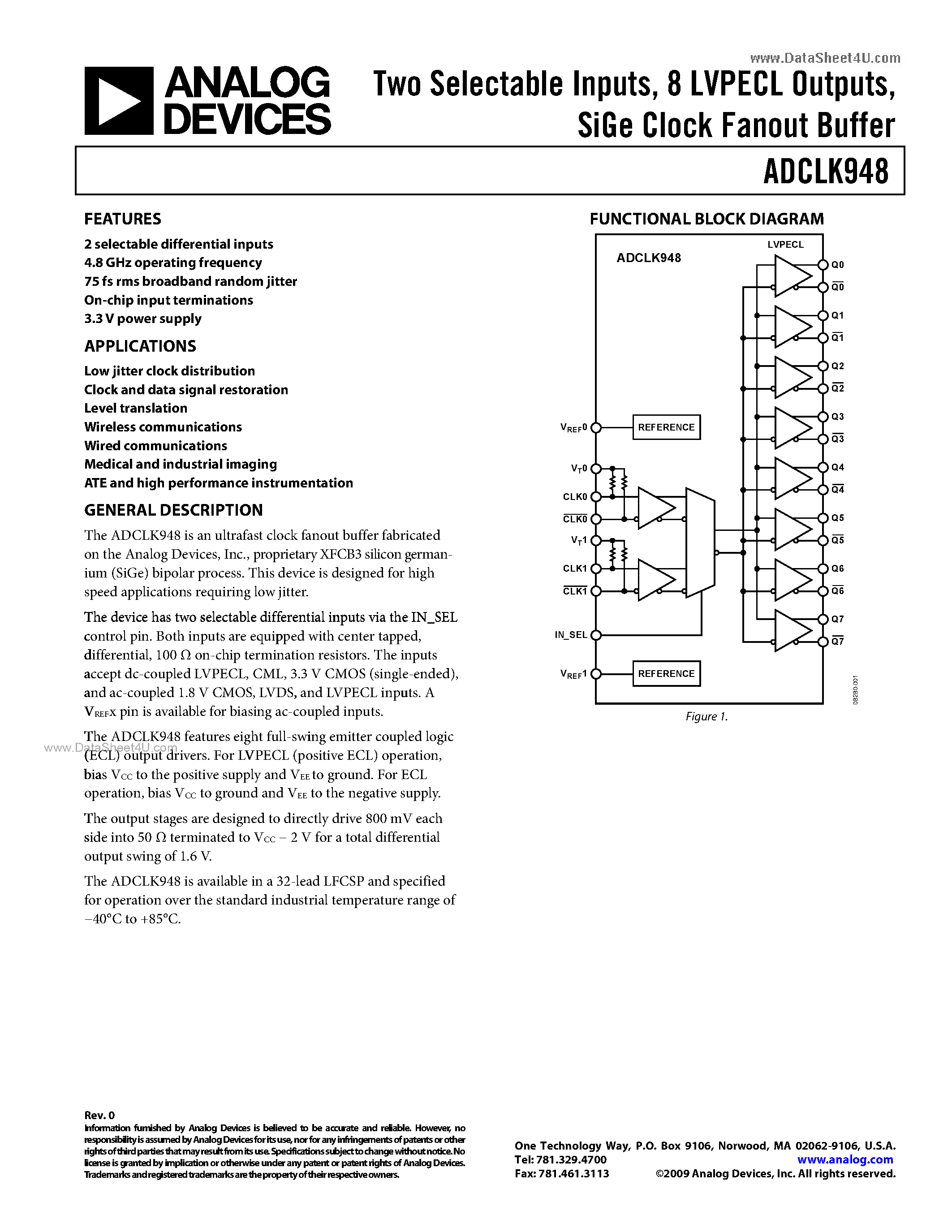 Даташит на микросхему ADCLK948 страница 1 Даташит ADCLK948 - SiGe Clock Fanout Buffer страница 1