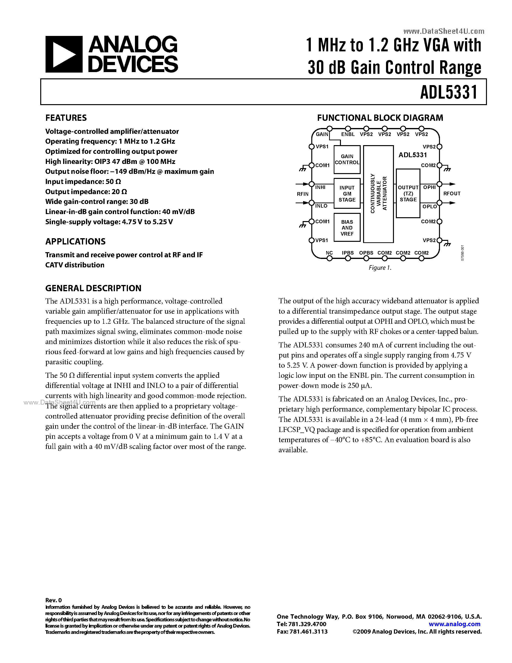 Datasheet ADL5331 - 1 MHz to 1.2 GHz VGA page 1