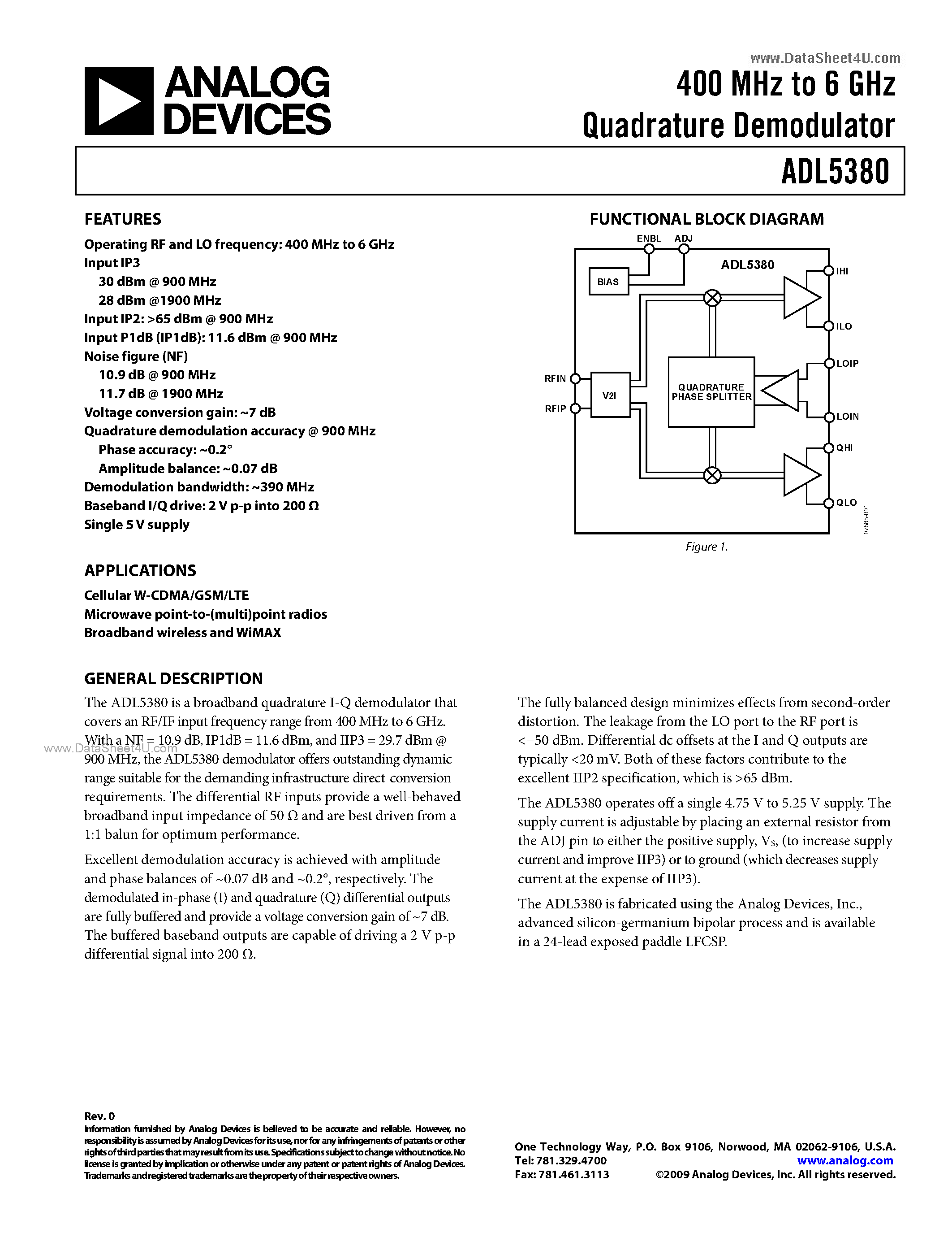 Datasheet ADL5380 - 400 MHz to 6 GHz Quadrature Demodulator page 1