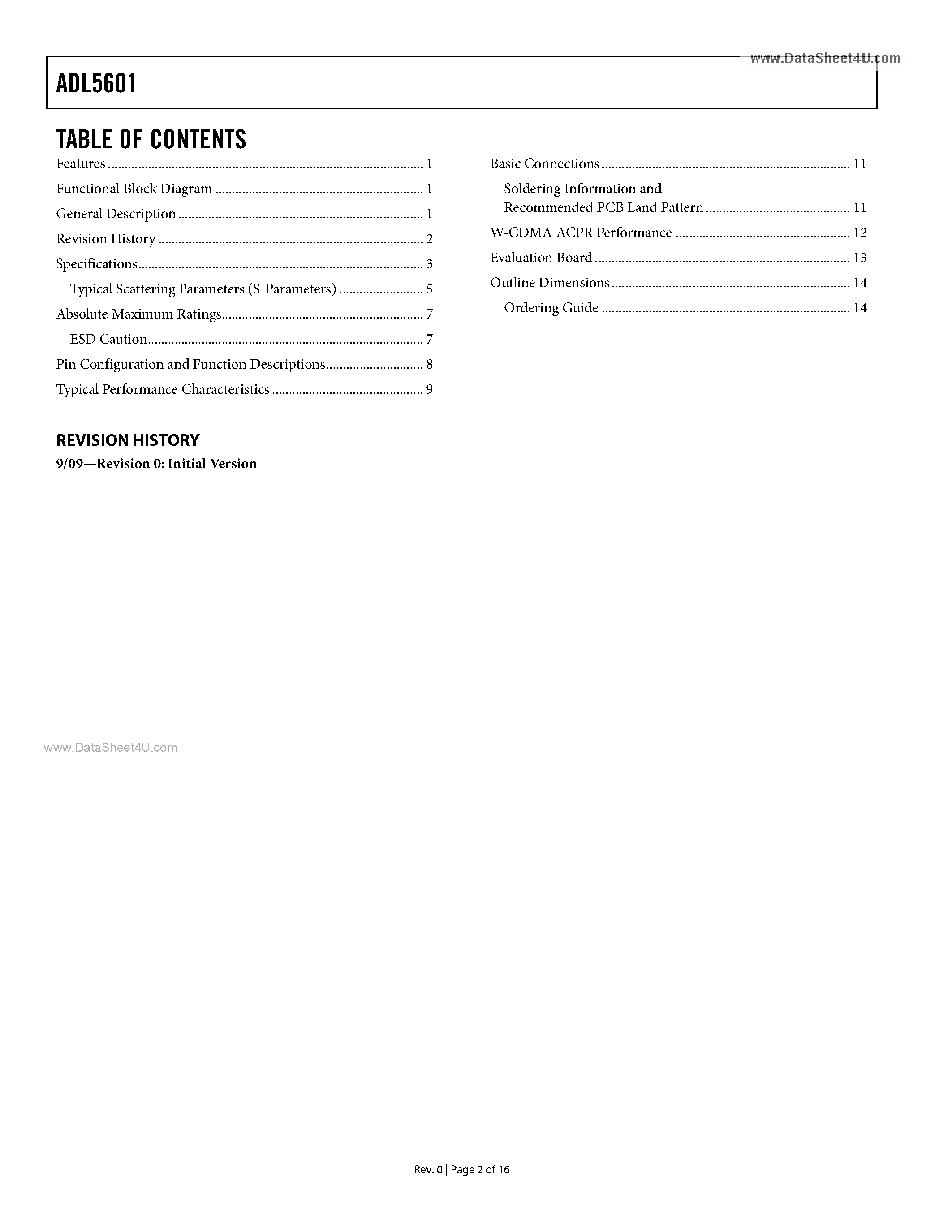 Даташит на микросхему ADL5601 страница 2 Даташит ADL5601 - 50 MHz to 4.0 GHz RF/IF Gain Block страница 2