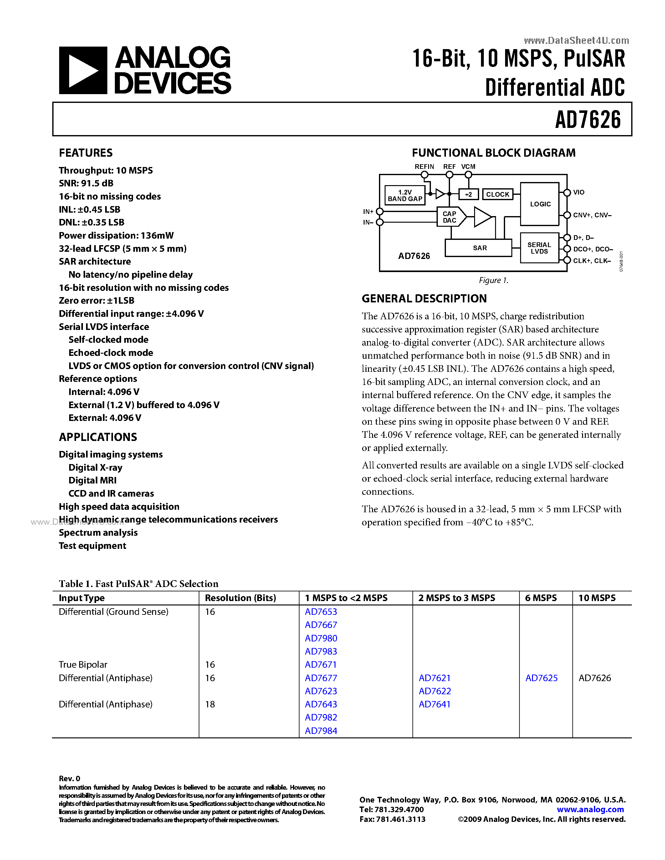 Datasheet AD7626 - PulSAR Differential ADC page 1