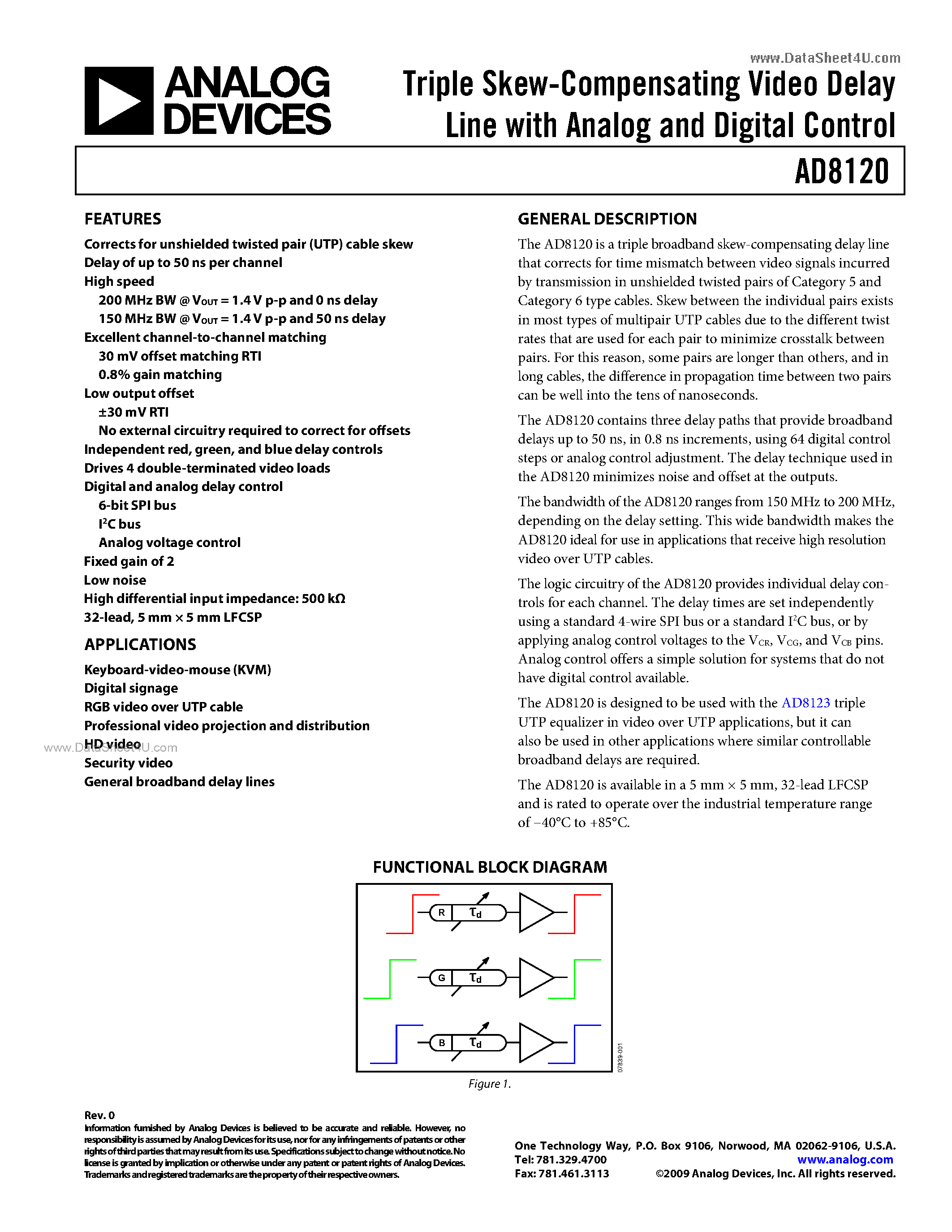 Datasheet AD8120 - Triple Skew-Compensating Video Delay Line page 1