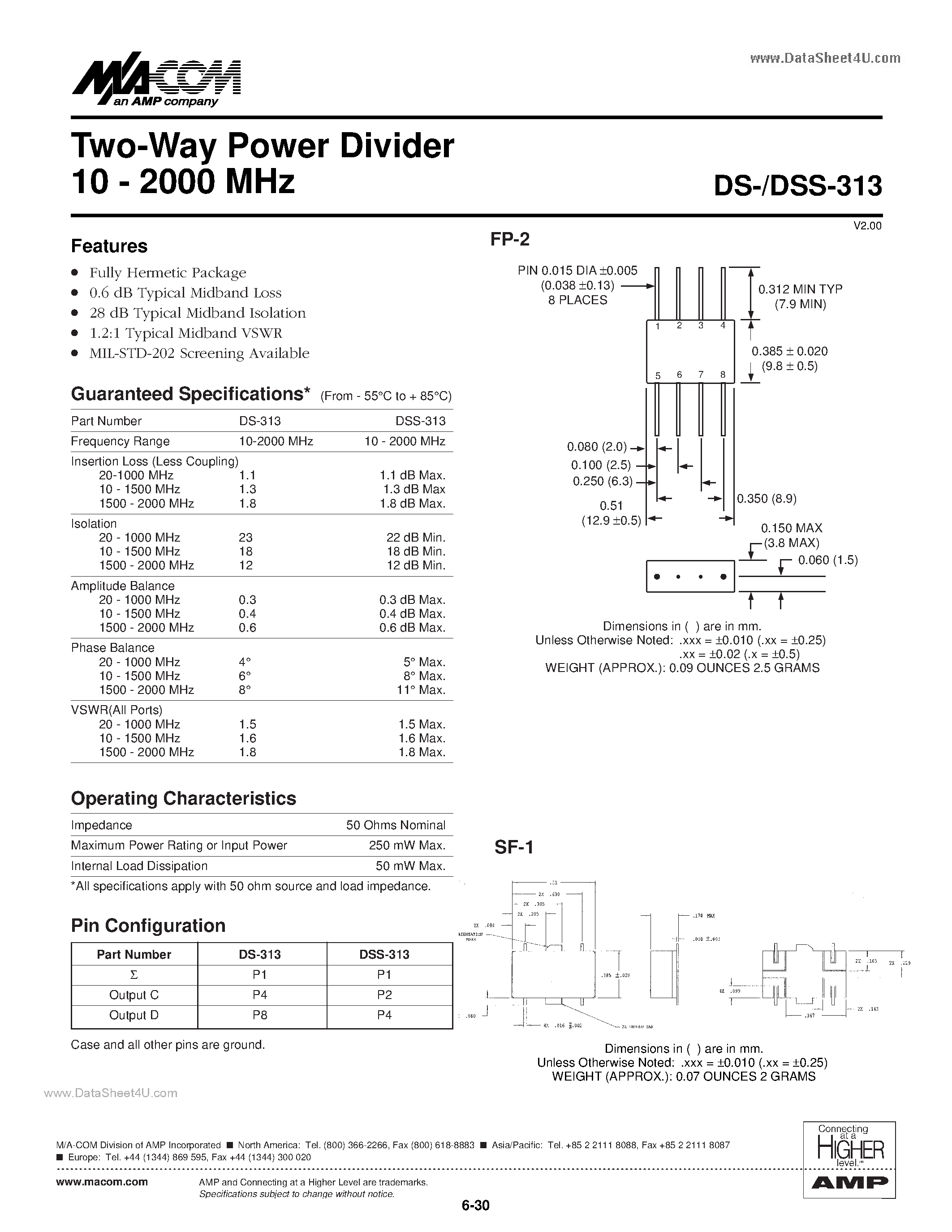 Datasheet DS-313 page 1 Datasheet DS-313 - Two-Way Power Divider 10 - 2000 MHz page 1