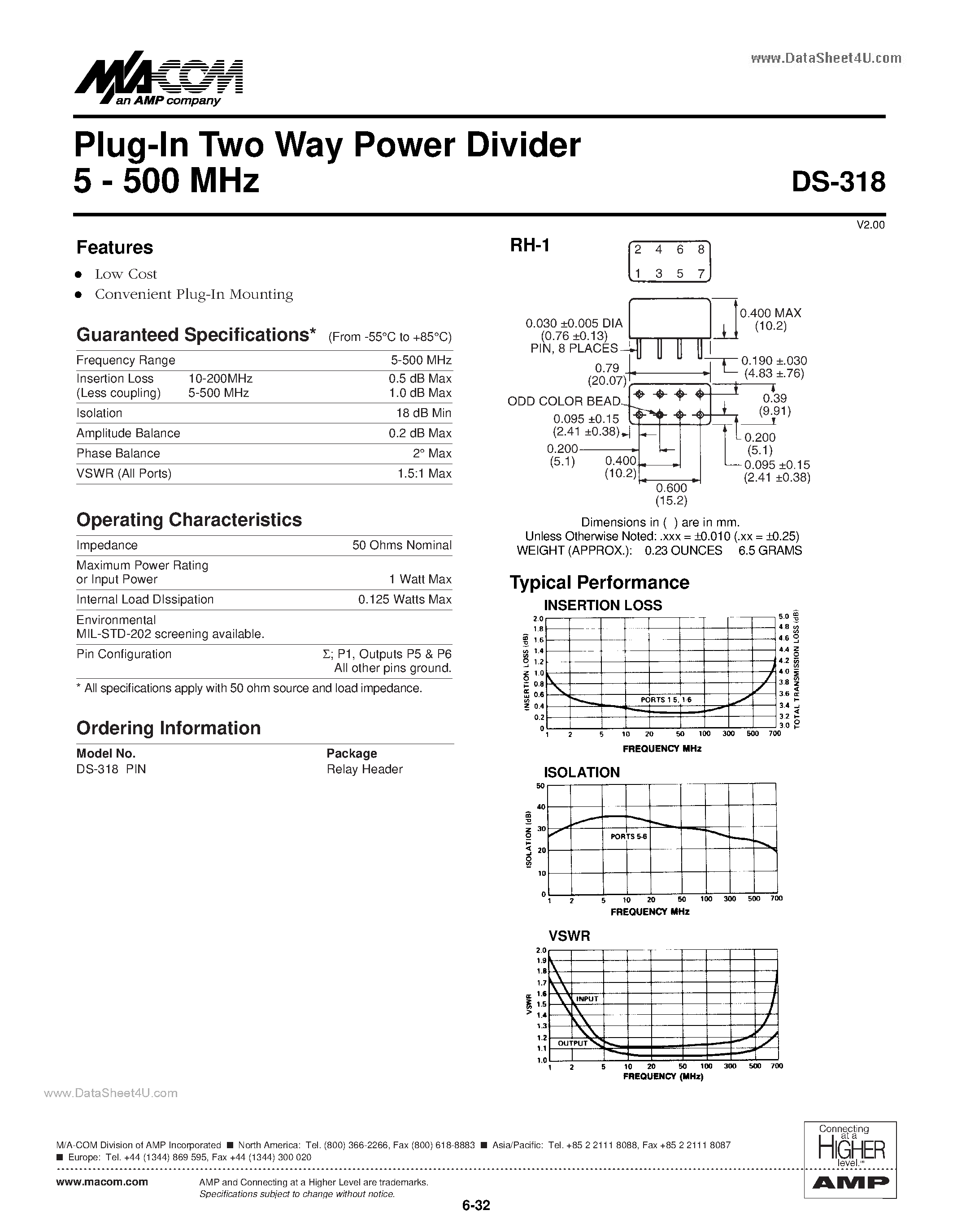Datasheet DS-318 - Plug-In Two Way Power Divider 5 - 500 MHz page 1